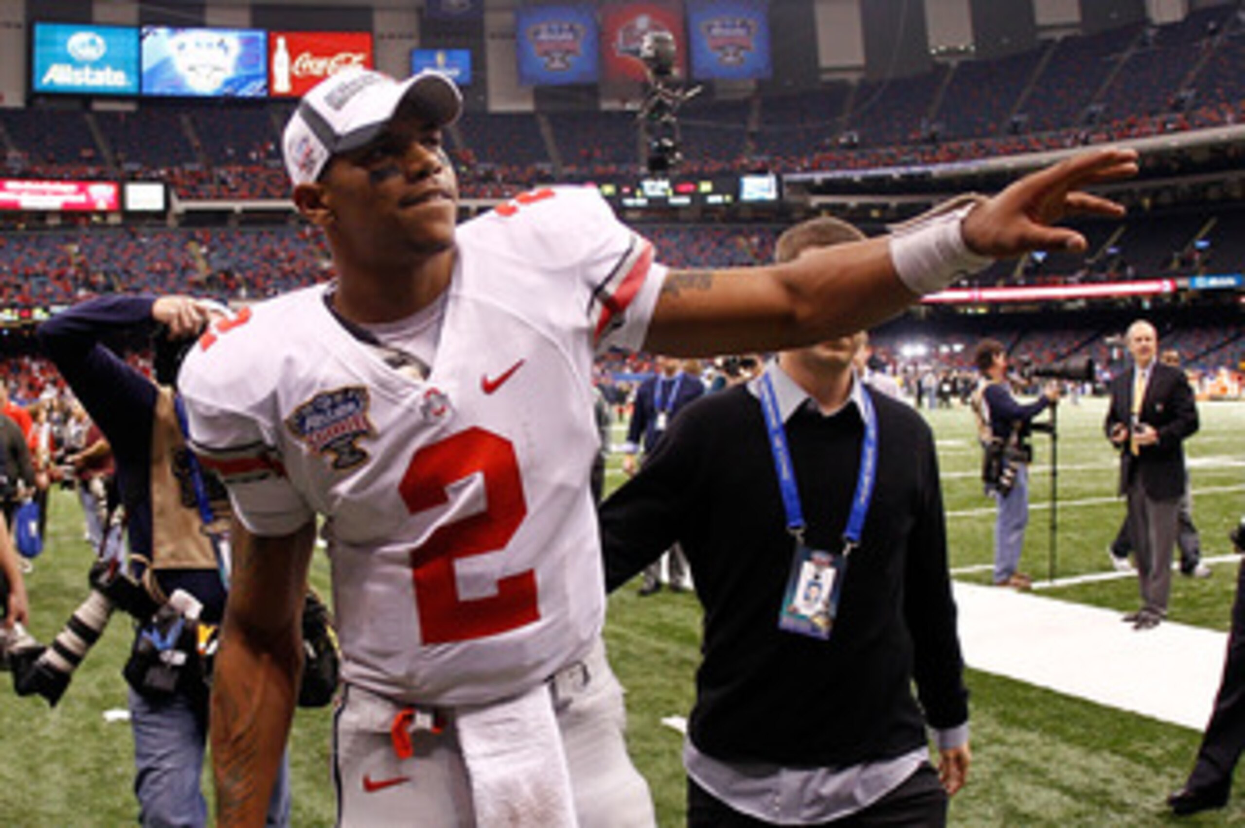 NEW ORLEANS, LA - JANUARY 04:  Quarterback Terrelle Pryor #2 of the Ohio State Buckeyes celebrates the Buckeyes 31-26 victory against the Arkansas Razorbacks during the Allstate Sugar Bowl at the Louisiana Superdome on January 4, 2011 in New Orleans, Loui