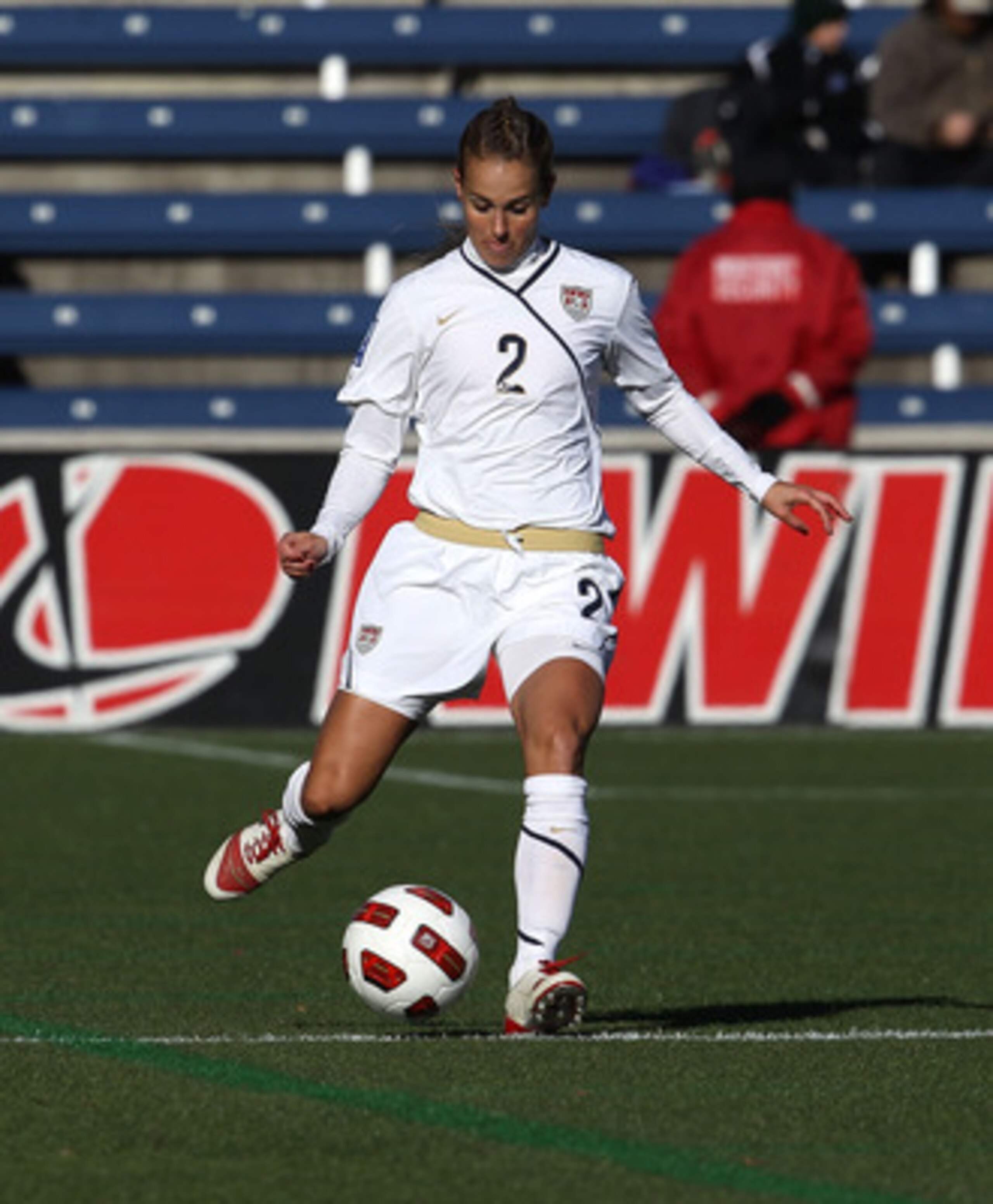 BRIDGEVIEW, IL - NOVEMBER 27: Heather Mitts #2 of the United States controls the ball against Italy during a Women's World Cup Qualifying match at Toyota Park on November 27, 2010 in Bridgeview, Illinois. The United States defeated Italy 1-0 to win the se