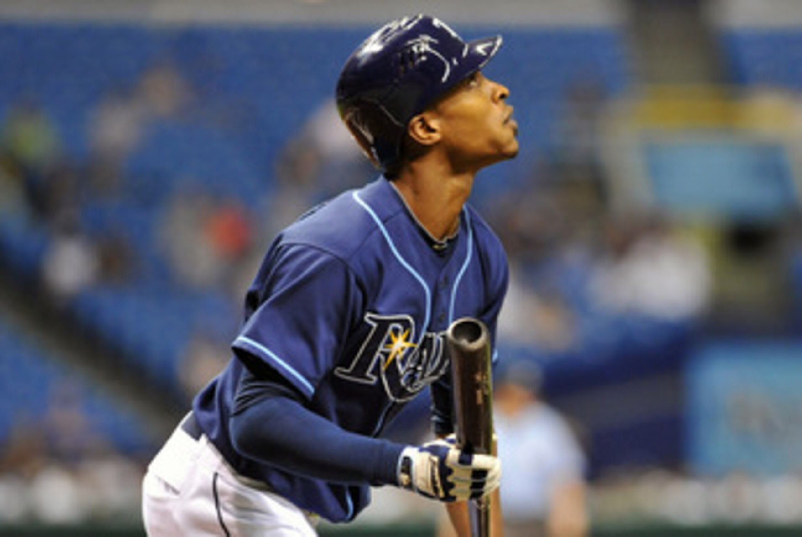 ST. PETERSBURG, FL - JUNE 1: Outfielder B. J. Upton #2 of the Tampa Bay Rays follows a fly ball against the Texas Rangers June 1, 2011 at Tropicana Field in St. Petersburg, Florida. (Photo by Al Messerschmidt/Getty Images) ST. PETERSBURG, FL - JUNE 1: Outfielder B. J. Upton #2 of the Tampa Bay Rays follows a fly ball against the Texas Rangers June 1, 2011 at Tropicana Field in St. Petersburg, Florida. (Photo by Al Messerschmidt/Getty Images)
