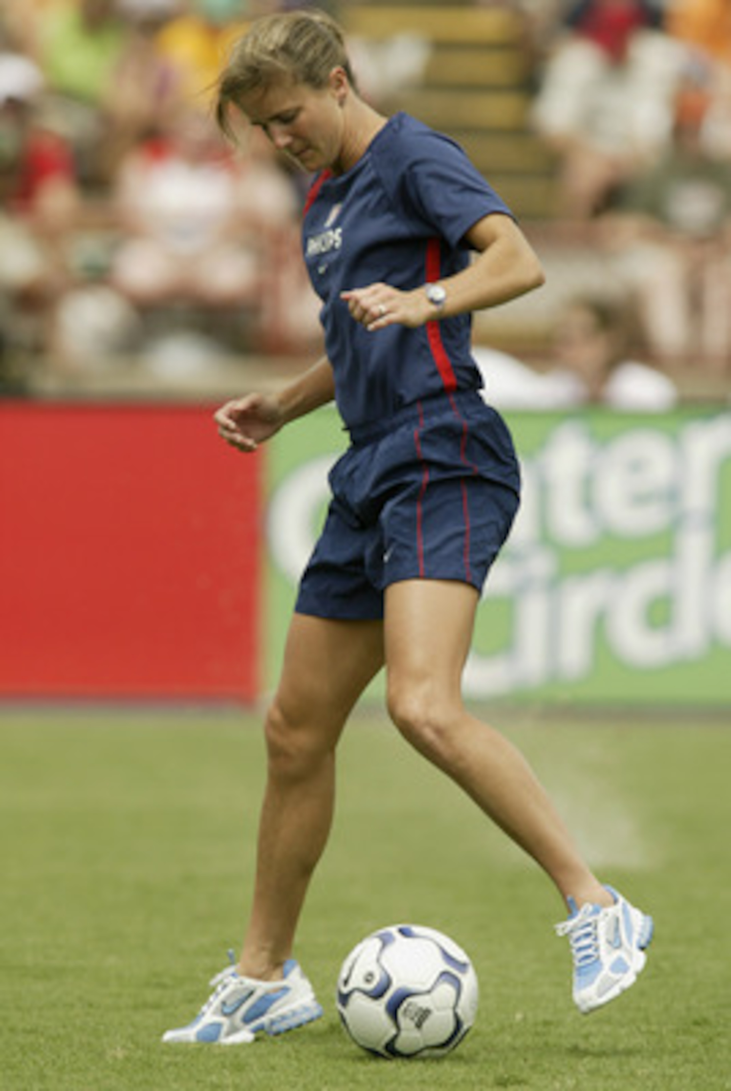 NEW ORLEANS - JULY 13:  Brandi Chastain of the U.S. Women's national team warms up prior to their match against the Brazil Women's national team at Tad Gormley Stadium on July 13, 2003 in New Orleans, Louisiana.  The U.S. defeated Brazil 1-0.  (Photo by R