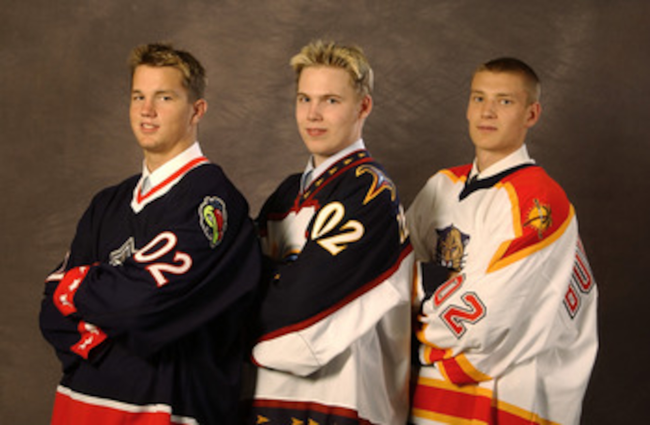 TORONTO, CANADA - JUNE 22:  (L-R) Number one overall pick Rick Nash selected by the Columbus Blue Jackets, number two overall pick Kari Lehtonen, selected by the Atlanta Thrashers and number three overall pick Jay Bouwmeester, selected by the Florida Pant
