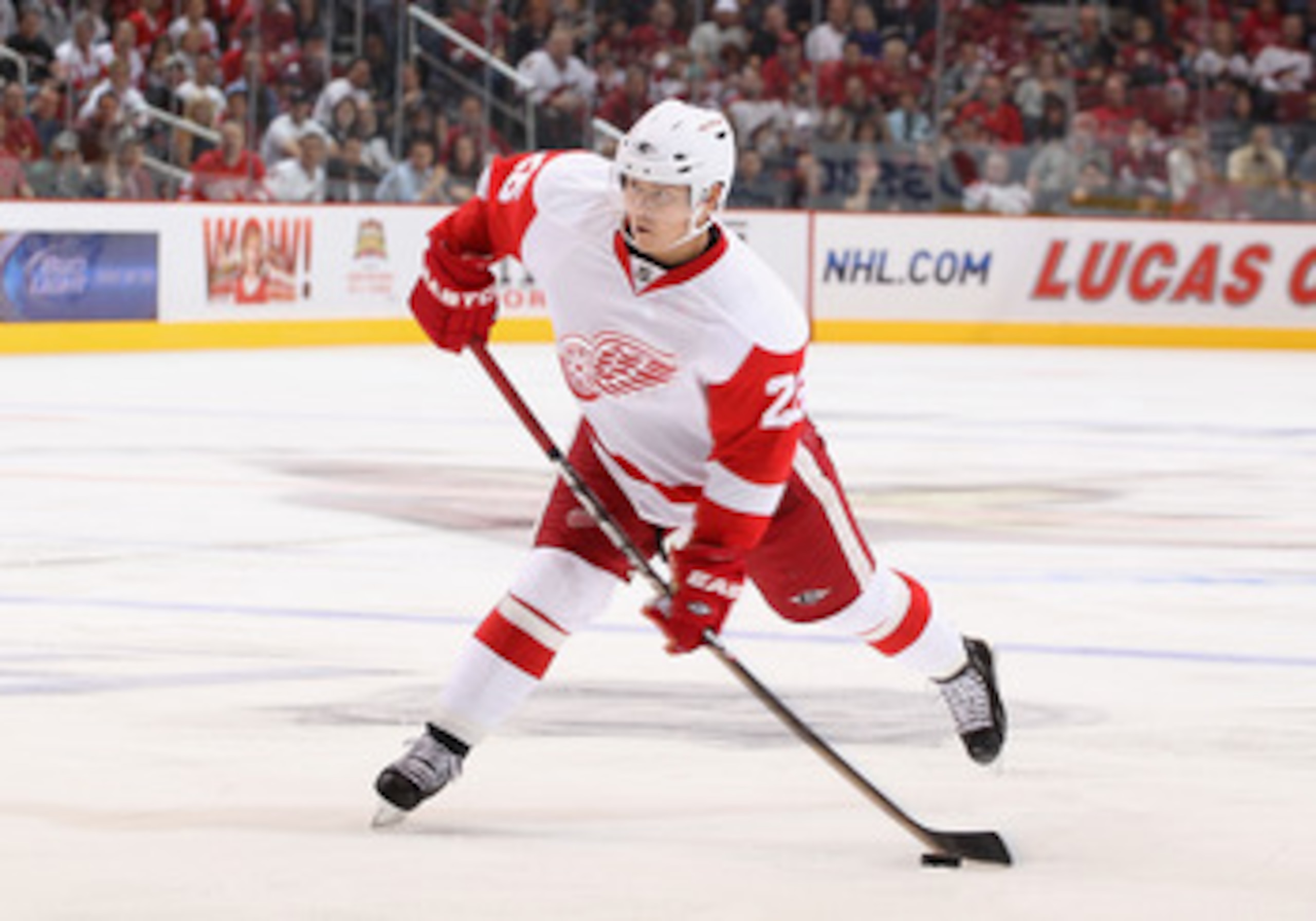 GLENDALE, AZ - OCTOBER 16:  Jiri Hudler #26 of the Detroit Red Wings shoots the puck during the NHL game against the Phoenix Coyotes at Jobing.com Arena on October16, 2010 in Glendale, Arizona.  The Red Wings defeated the Coyotes 2-1 in overtime.  (Photo