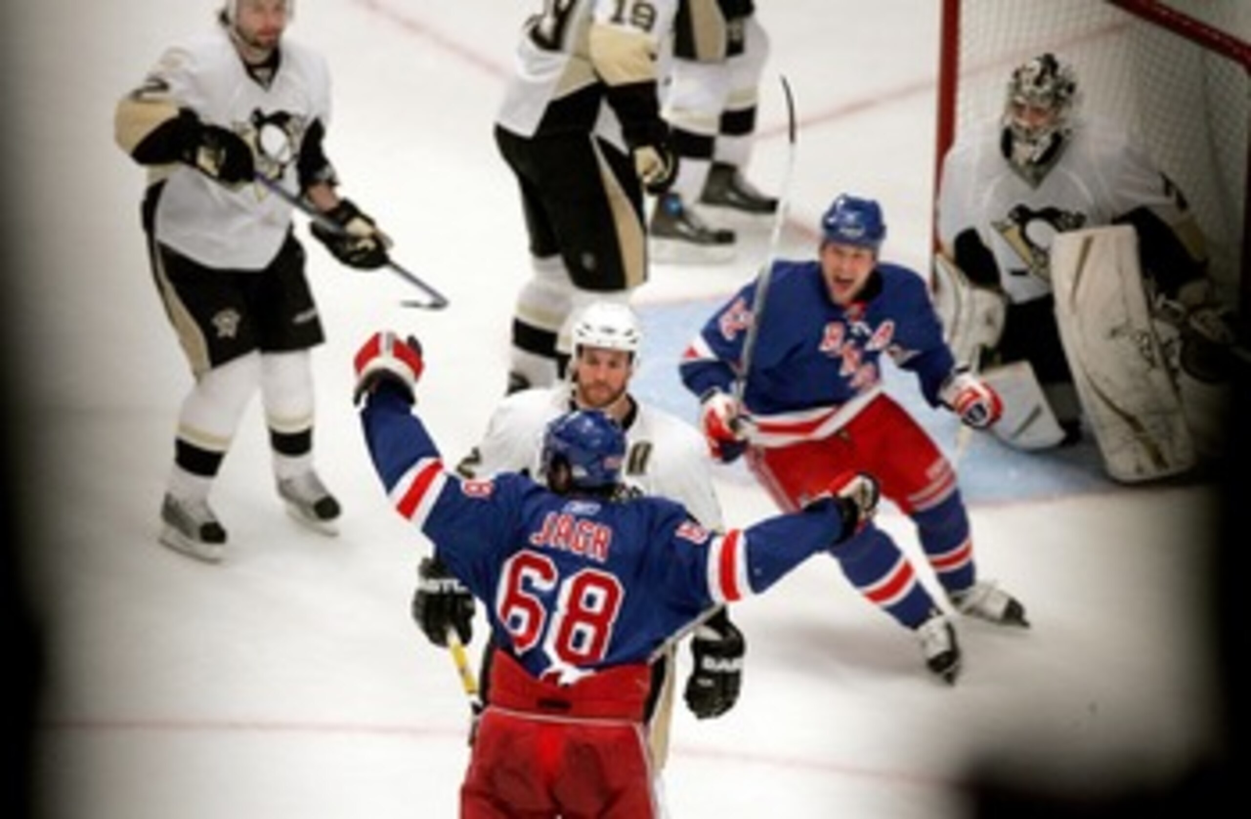 NEW YORK - APRIL 29:  Jaromir Jagr #68 of the New York Rangers celebrates his game-tying goal with Martin Straka #82 against the Pittsburgh Penguins in the second period of Game 3 of the Eastern Conference Semifinals of the 2008 NHL Stanley Cup Playoffs a