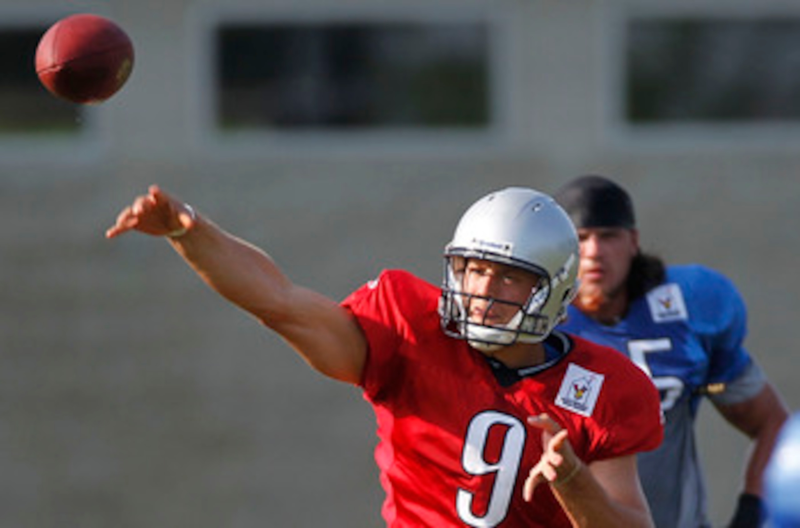 ALLEN PARK, MI - AUGUST 05:  Matthew Stafford #9 of the Detroit Lions throws a pass during training camp at the Detroit Lions Headquarters and Training Facility on August 5, 2010 in Allen Park, Michigan.  (Photo by Gregory Shamus/Getty Images)