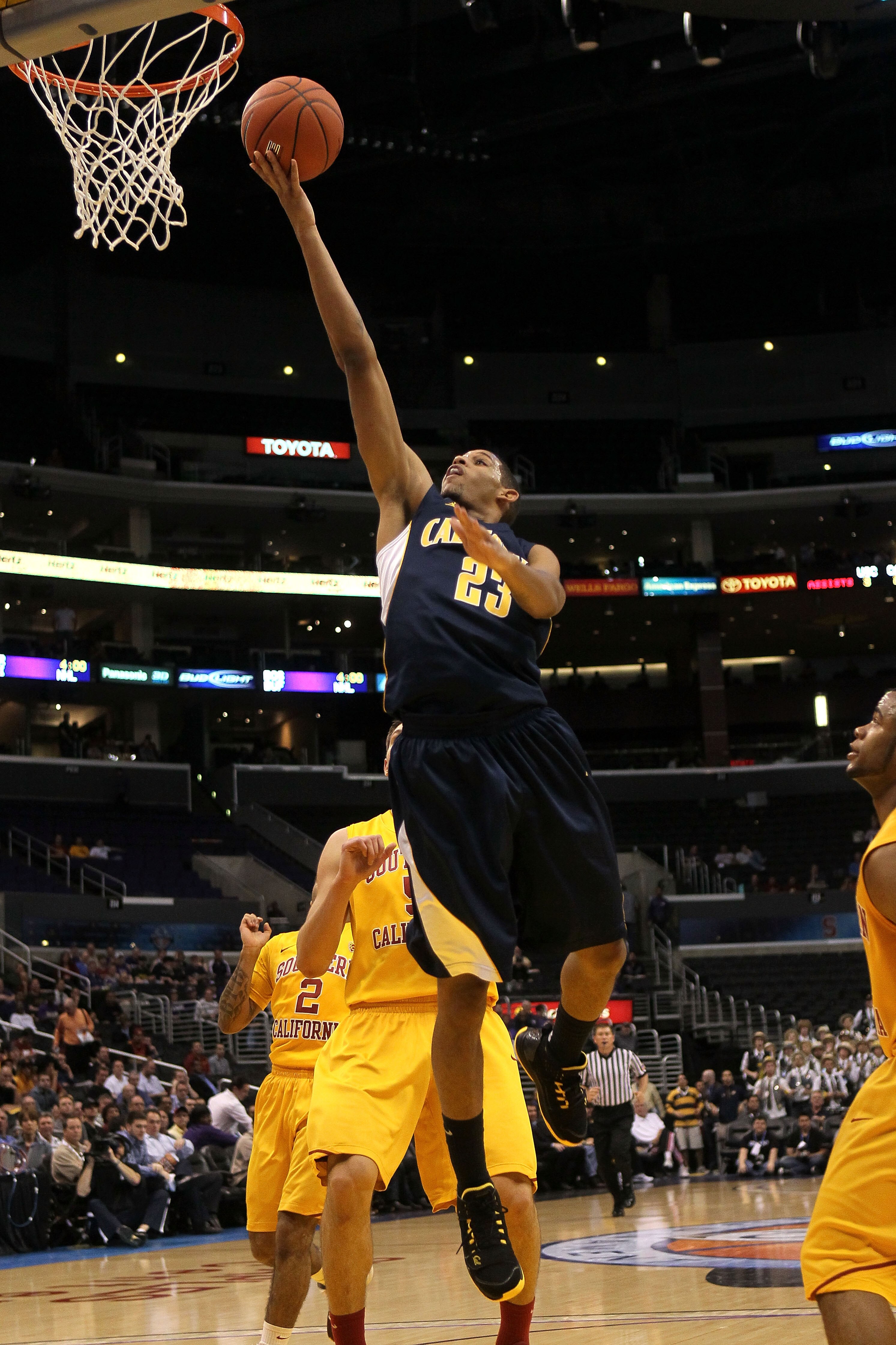 LOS ANGELES, CA - MARCH 10:  Allen Crabbe #23 of the California Golden Bears lays the ball up against the USC Trojans in the quarterfinals of the 2011 Pacific Life Pac-10 Men's Basketball Tournament at Staples Center on March 10, 2011 in Los Angeles, Cali