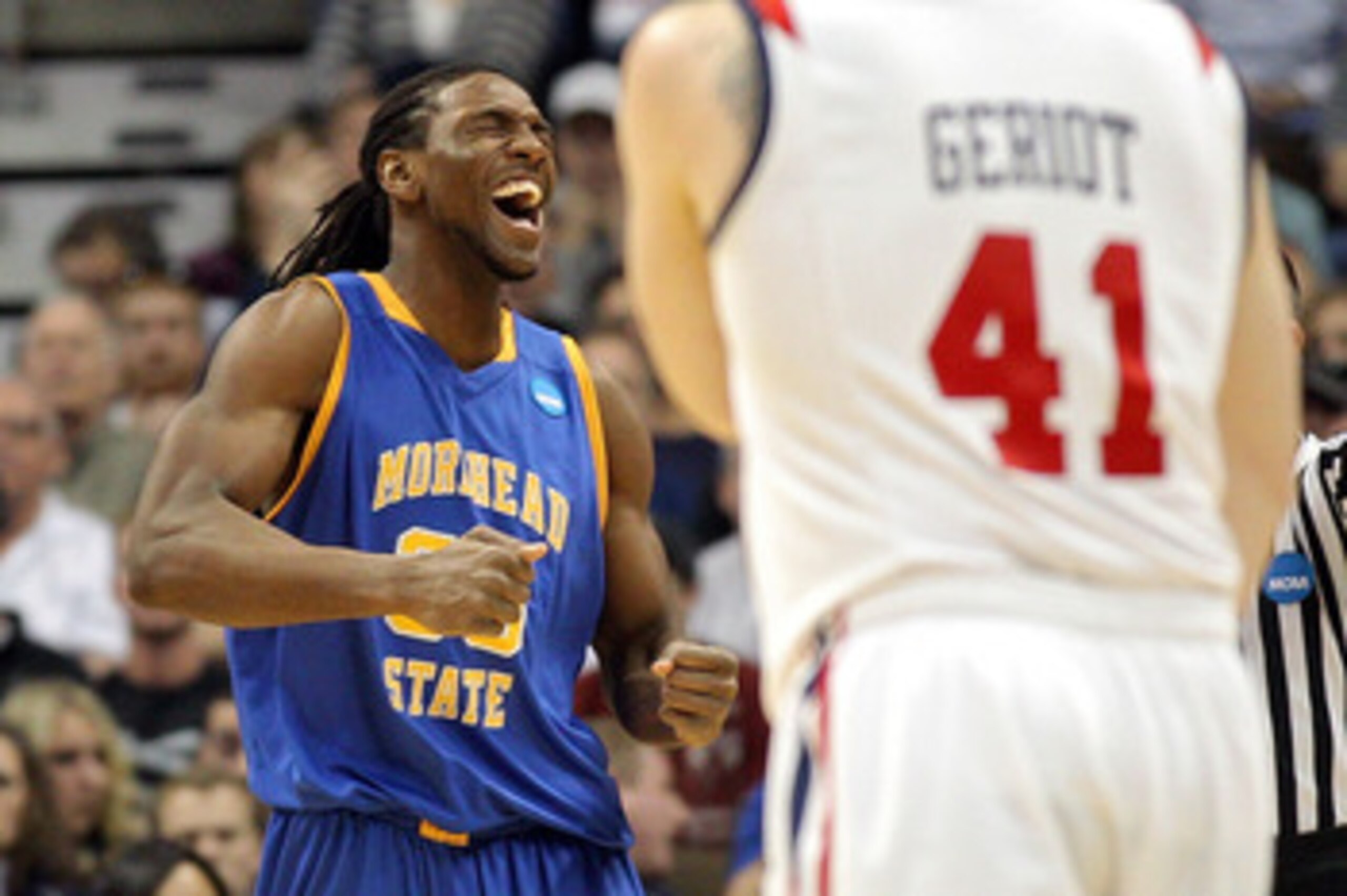 DENVER, CO - MARCH 19: Kenneth Faried #35 of the Morehead State Eagles dunks reacts after a play against the Richmond Spiders during the third round of the 2011 NCAA men's basketball tournament at Pepsi Center on March 19, 2011 in Denver, Colorado. (Pho DENVER, CO - MARCH 19: Kenneth Faried #35 of the Morehead State Eagles dunks reacts after a play against the Richmond Spiders during the third round of the 2011 NCAA men's basketball tournament at Pepsi Center on March 19, 2011 in Denver, Colorado. (Pho