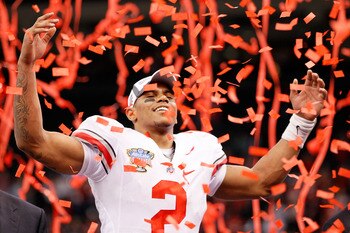 NEW ORLEANS, LA - JANUARY 04:  Terrelle Pryor #2 of the Ohio State Buckeyes celebrates the Buckeyes 31-26 victory against the Arkansas Razorbacks during the Allstate Sugar Bowl at the Louisiana Superdome on January 4, 2011 in New Orleans, Louisiana.  (Pho