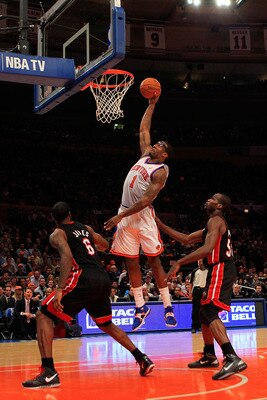 NEW YORK, NY - JANUARY 27:  Amar'e Stoudemire #1 of the New York Knicks lays the ball up against the Miami Heat at Madison Square Garden on January 27, 2011 in New York City. NOTE TO USER: User expressly acknowledges and agrees that, by downloading and/or