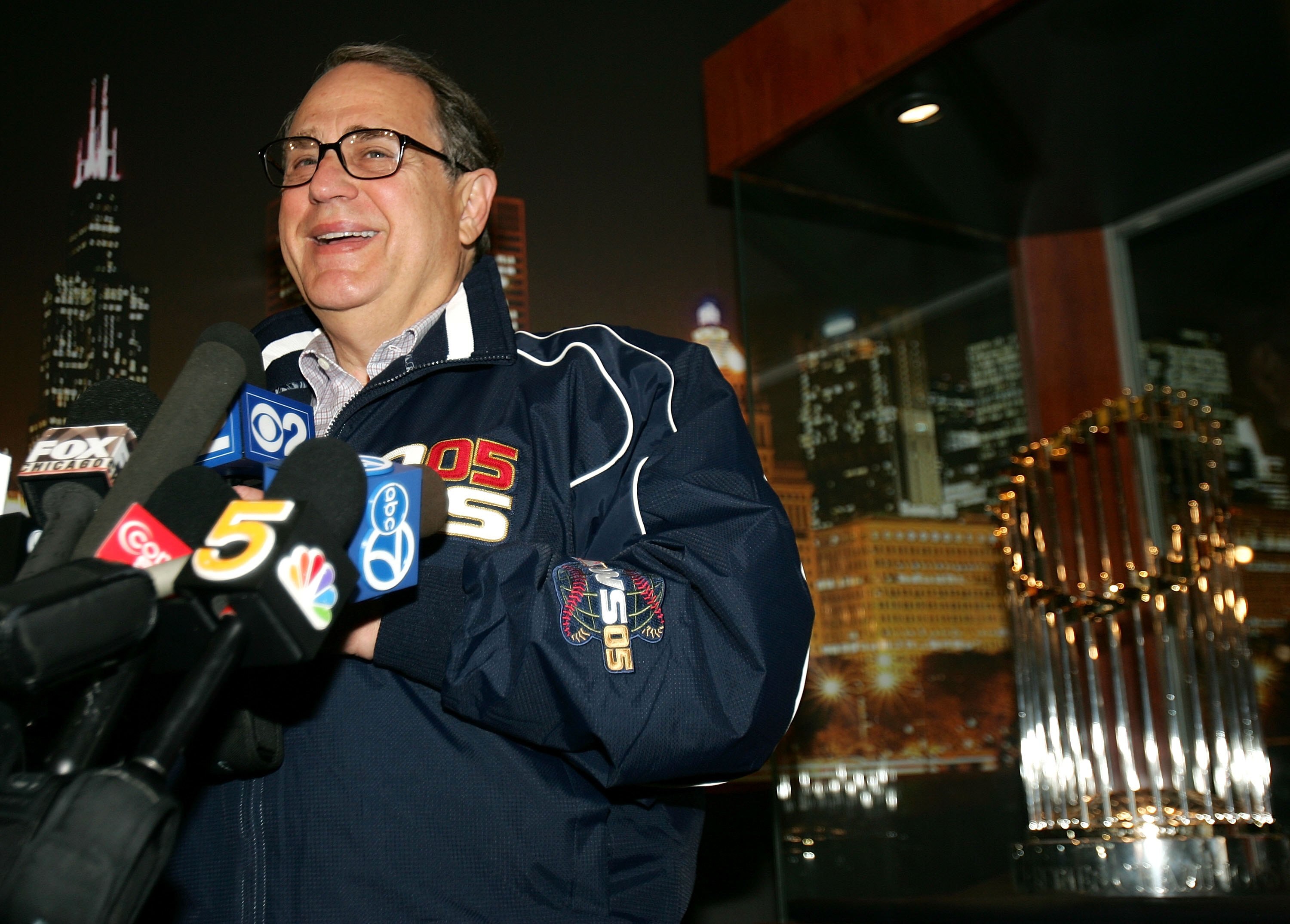 CHICAGO - APRIL 3:  Chairman Jerry Reinsdorf of the Chicago White Sox speaks to the media after delivery of the 2005 Championship rings on April 3, 2006 at U.S. Cellular Field in Chicago, Illinois.  (Photo by Jonathan Daniel/Getty Images)
