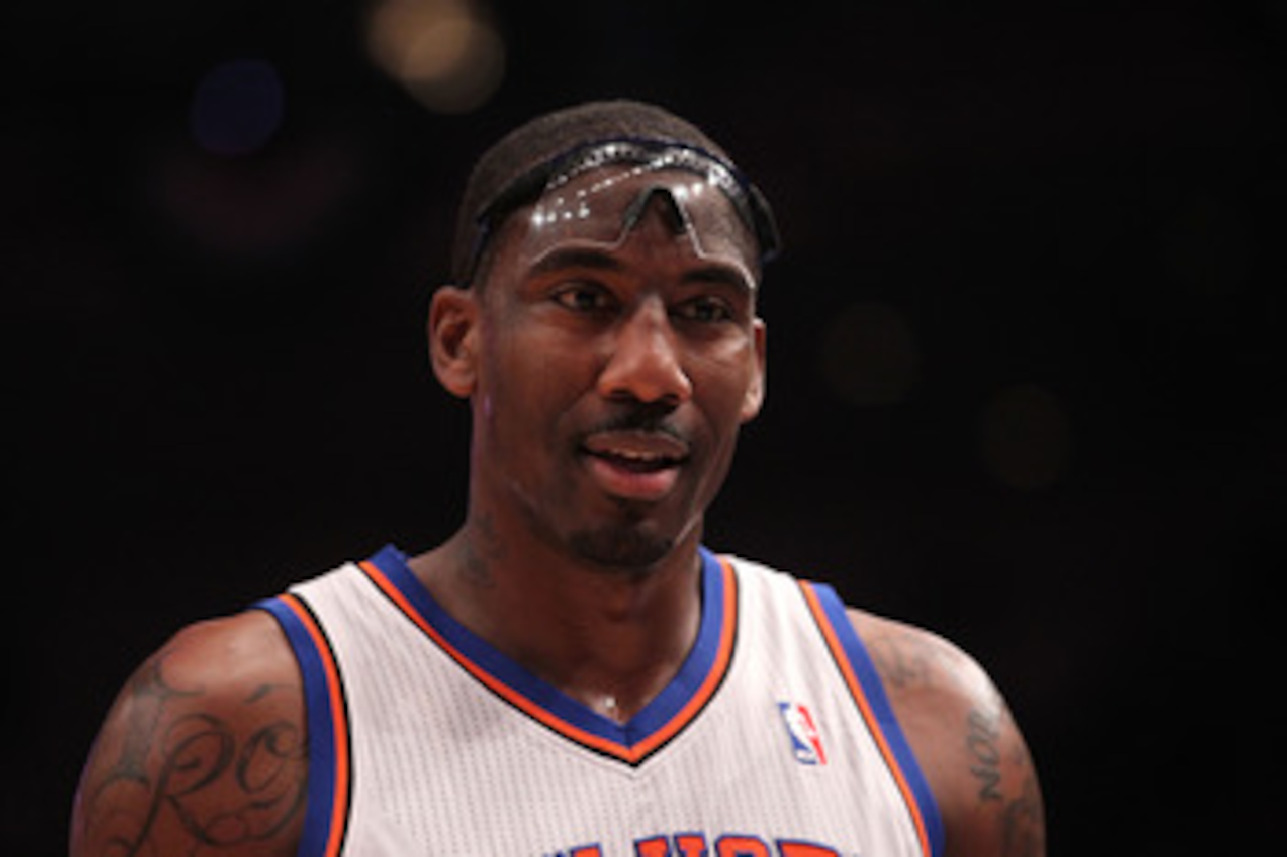 NEW YORK, NY - APRIL 22:  Amar'e Stoudemire #1 of the New York Knicks looks on against the Boston Celtics in Game Three of the Eastern Conference Quarterfinals in the 2011 NBA Playoffs on April 22, 2011 at Madison Square Garden in New York City.  NOTE TO