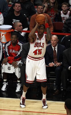 CHICAGO, IL - MARCH 11: Rasual Butler #45 of the Chicago Bulls gets his first playing time and basket as a member of the Bulls against the Atlanta Hawks at the United Center on March 11, 2011 in Chicago, Illinois. The Bulls defeated the Hawks 94-76. NOTE CHICAGO, IL - MARCH 11: Rasual Butler #45 of the Chicago Bulls gets his first playing time and basket as a member of the Bulls against the Atlanta Hawks at the United Center on March 11, 2011 in Chicago, Illinois. The Bulls defeated the Hawks 94-76. NOTE