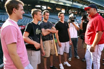 ANAHEIM, CA - JUNE 23:  Cam Fowler, Taylor Hall, Brett Connolly, Tyler Seguin and Los Angeles Angels of Anahiem manager Mike Scioscia attend the Top NHL Draft Prospects At Batting Practice at Angel Stadium of Anaheim on June 23, 2010 in Anaheim, Californi
