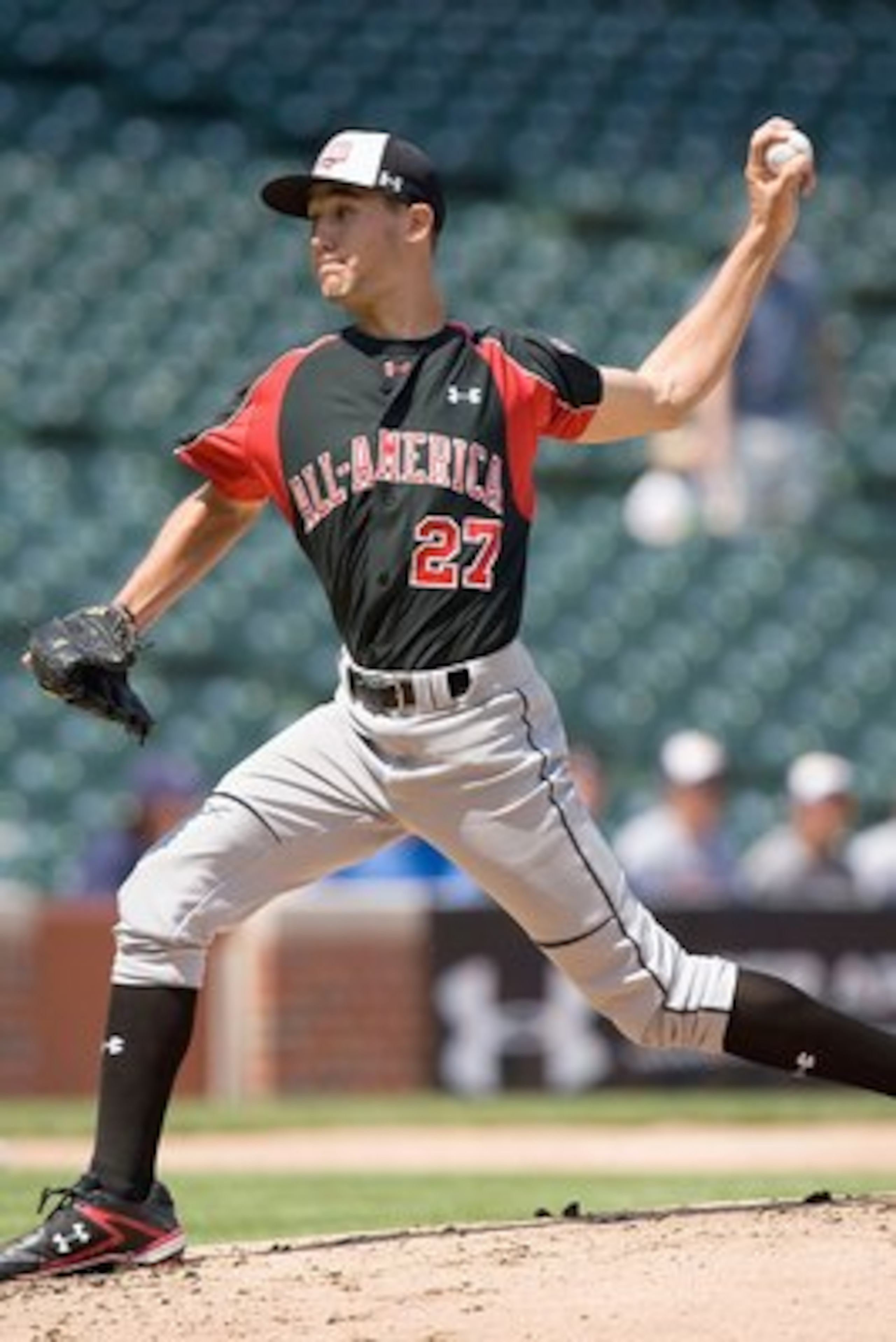 CHICAGO, IL - AUGUST 17: Matthew Purke #27 of the Baseball Factory team pitches against the Team One team (red jersey) during the Under Armour All-America Baseball Game at Wrigley Field on August 17, 2008 in Chicago, Illinois. (Photo by Dilip Vishwanat/G CHICAGO, IL - AUGUST 17: Matthew Purke #27 of the Baseball Factory team pitches against the Team One team (red jersey) during the Under Armour All-America Baseball Game at Wrigley Field on August 17, 2008 in Chicago, Illinois. (Photo by Dilip Vishwanat/G