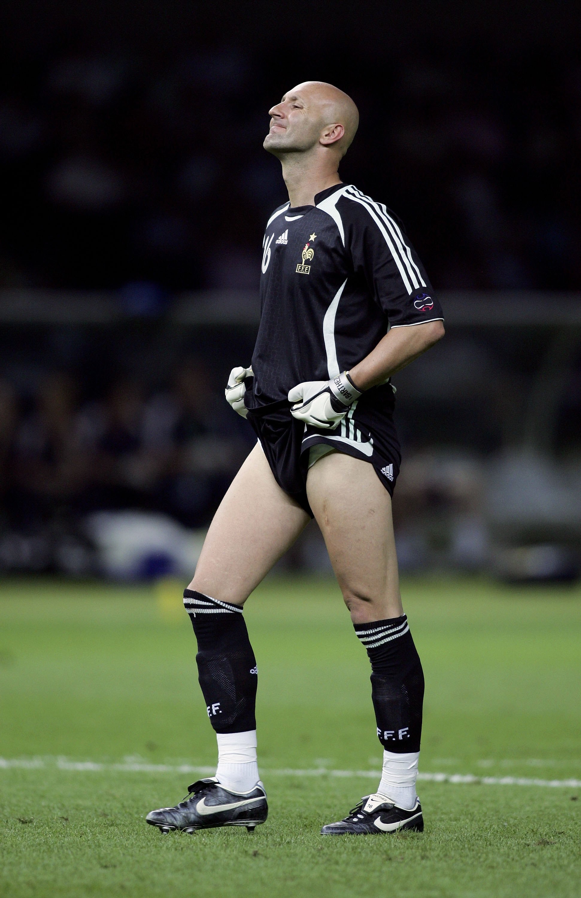 BERLIN - JULY 09:  Goalkeeper Fabien Barthez of France, reacts after a missed chance by his team during the FIFA World Cup Germany 2006 Final match between Italy and France at the Olympic Stadium on July 9, 2006 in Berlin, Germany.  (Photo by Ben Radford/