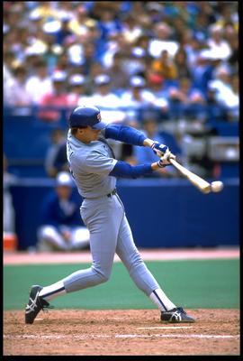 1989:  TEXAS RANGERS BATTER JEFF KUNKEL MAKES CONTACT WITH A PITCH DURING THE RANGERS VERSUS TORONTO BLUE JAYS GAME AT THE SKYDOME IN TORONTO, CANADA.  MANDATORY CREDIT:  RICK STEWART/ALLSPORT