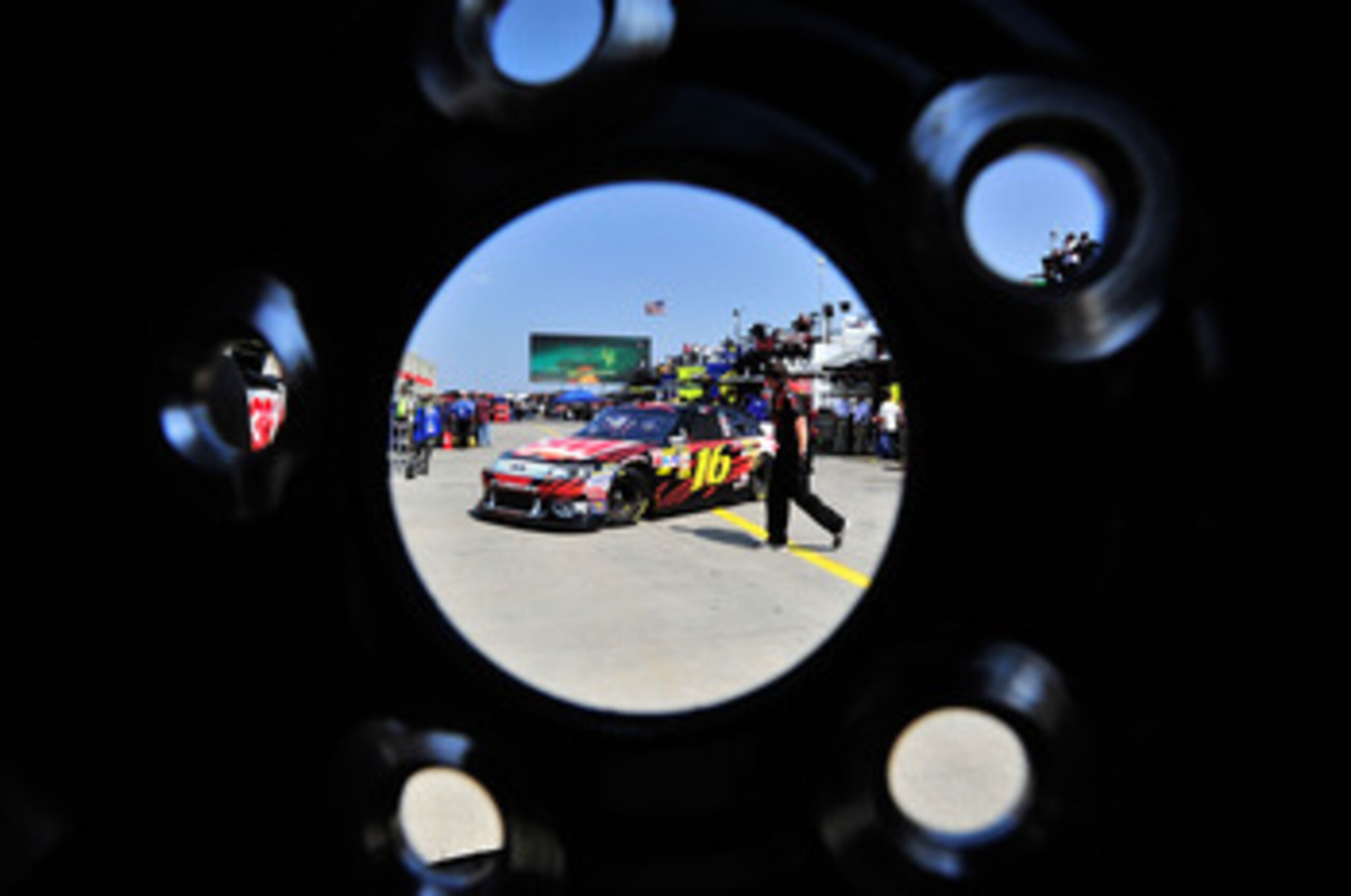 CHARLOTTE, NC - MAY 26:  Greg Biffle drives the #16 3M Ford into the garage stall during practice for the NASCAR Sprint Cup Series Coca-Cola 600 at Charlotte Motor Speedway on May 26, 2011 in Charlotte, North Carolina.  (Photo by Jason Smith/Getty Images