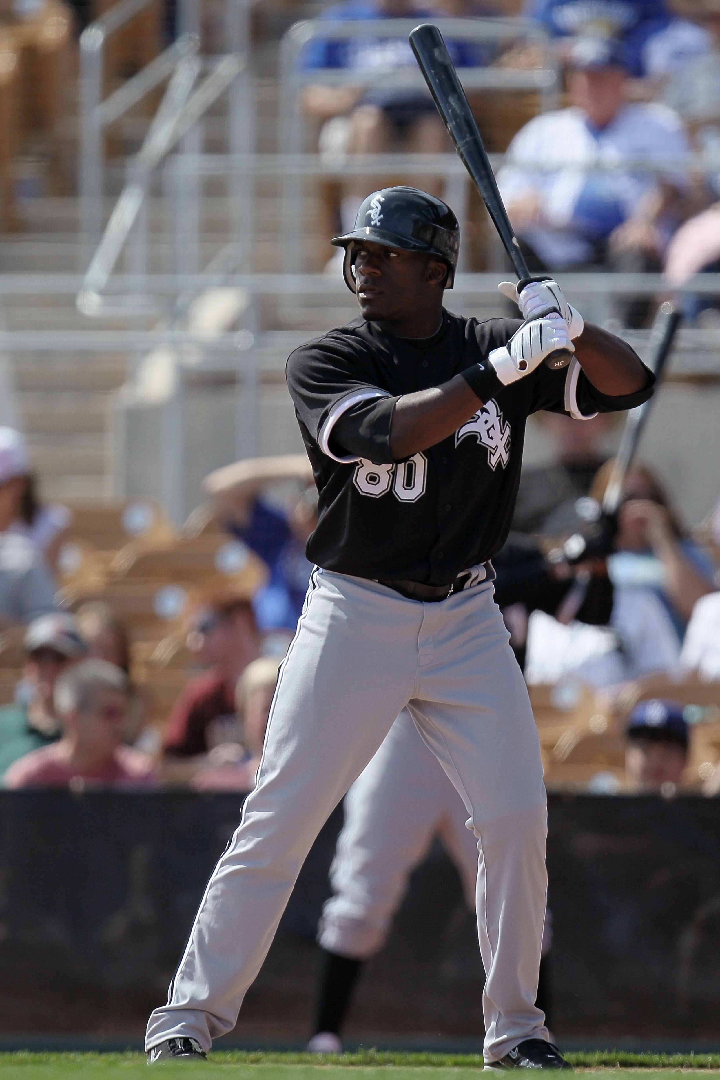 GLENDALE, AZ - MARCH 06: Jared Mitchell #80 of the Chicago White Sox at bat against the Los Angeles Dodgers during a spring training game at The Ballpark at Camelback Ranch on March 6, 2010 in Glendale, Arizona.  (Photo by Chris McGrath/Getty Images)