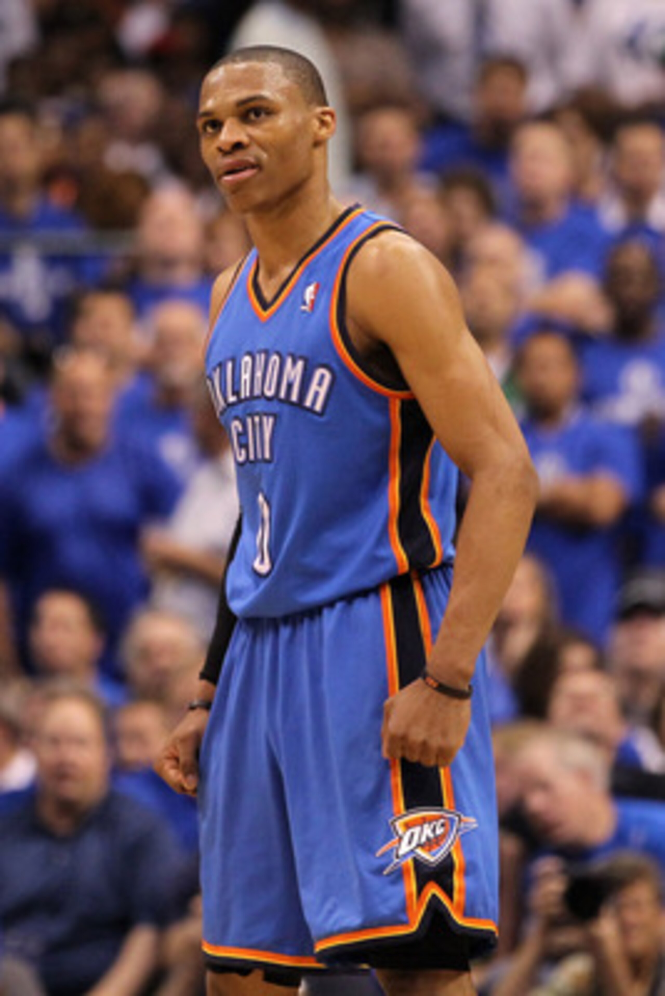 DALLAS, TX - MAY 25:  Russell Westbrook #0 of the Oklahoma City Thunder reacts in the fourth quarter while taking on the Dallas Mavericks in Game Five of the Western Conference Finals during the 2011 NBA Playoffs at American Airlines Center on May 25, 201