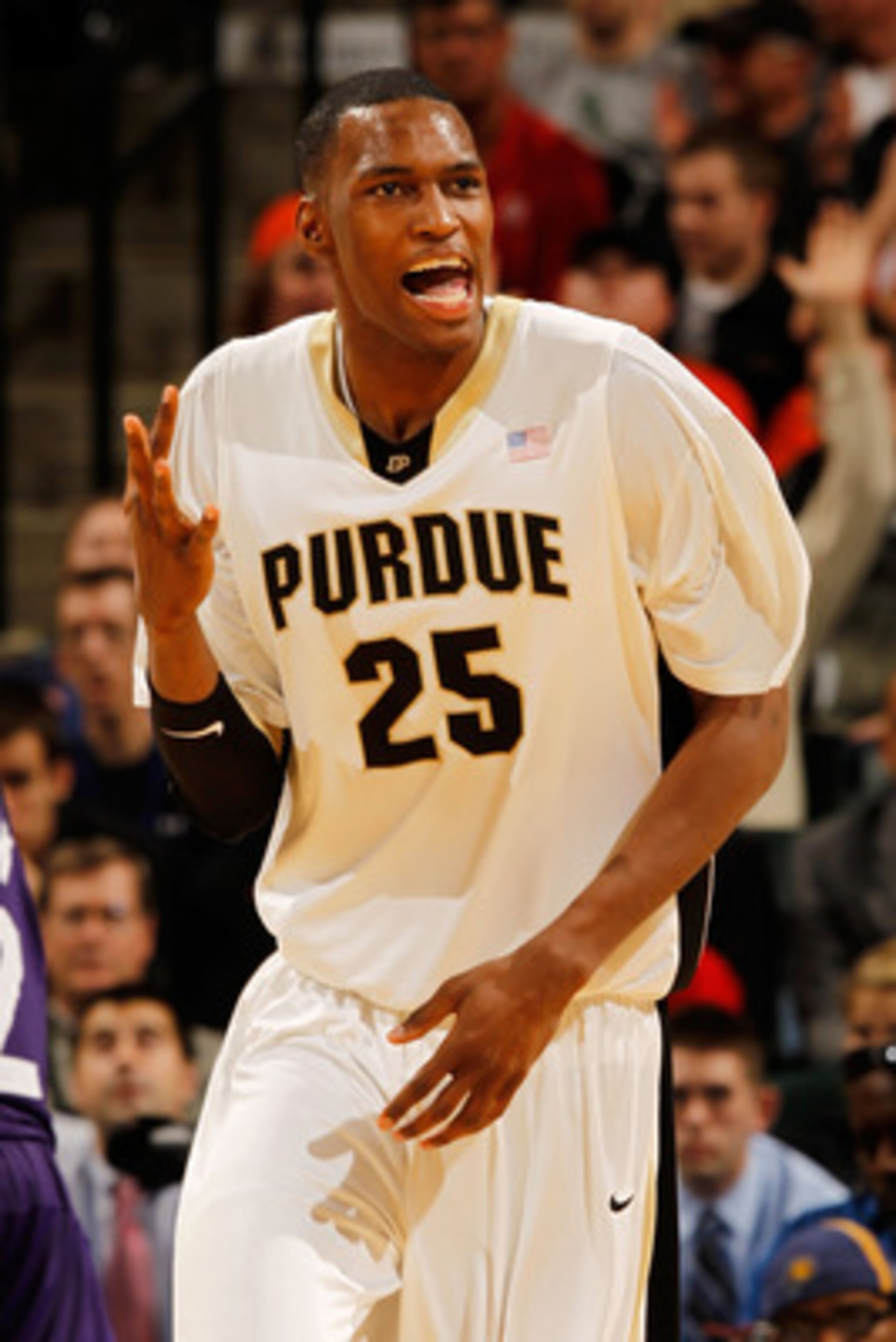 INDIANAPOLIS - MARCH 12:  Center JuJuan Johnson #25 of the Purdue Boilermakers celebrates after a play against the Northwestern Wildcats during the quarterfinals of the Big Ten Men's Basketball Tournament at Conseco Fieldhouse on March 12, 2010 in Indiana