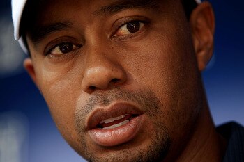 PONTE VEDRA BEACH, FL - MAY 12:  Tiger Woods addresses the media after withdrawing on the ninth hole during the first round of THE PLAYERS Championship held at THE PLAYERS Stadium course at TPC Sawgrass on May 12, 2011 in Ponte Vedra Beach, Florida. Woods