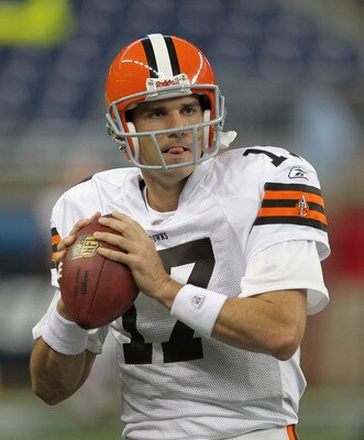 DETROIT - AUGUST 28: Jake Delhomme #17 of the Cleveland Browns warms up prior to the start of the preseason game against the Detroit Lions at Ford Field on August 28, 2010 in Detroit, Michigan. (Photo by Leon Halip/Getty Images)