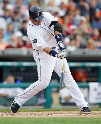 DETROIT, MI - JUNE 16: Miguel Cabrera #24 of the Detroit Tigers hits an RBI single in the fifth inning while playing the Cleveland Indians at Comerica Park on June 16, 2011 in Detroit, Michigan. Detroit won the game 6-2. (Photo by Gregory Shamus/Getty Ima