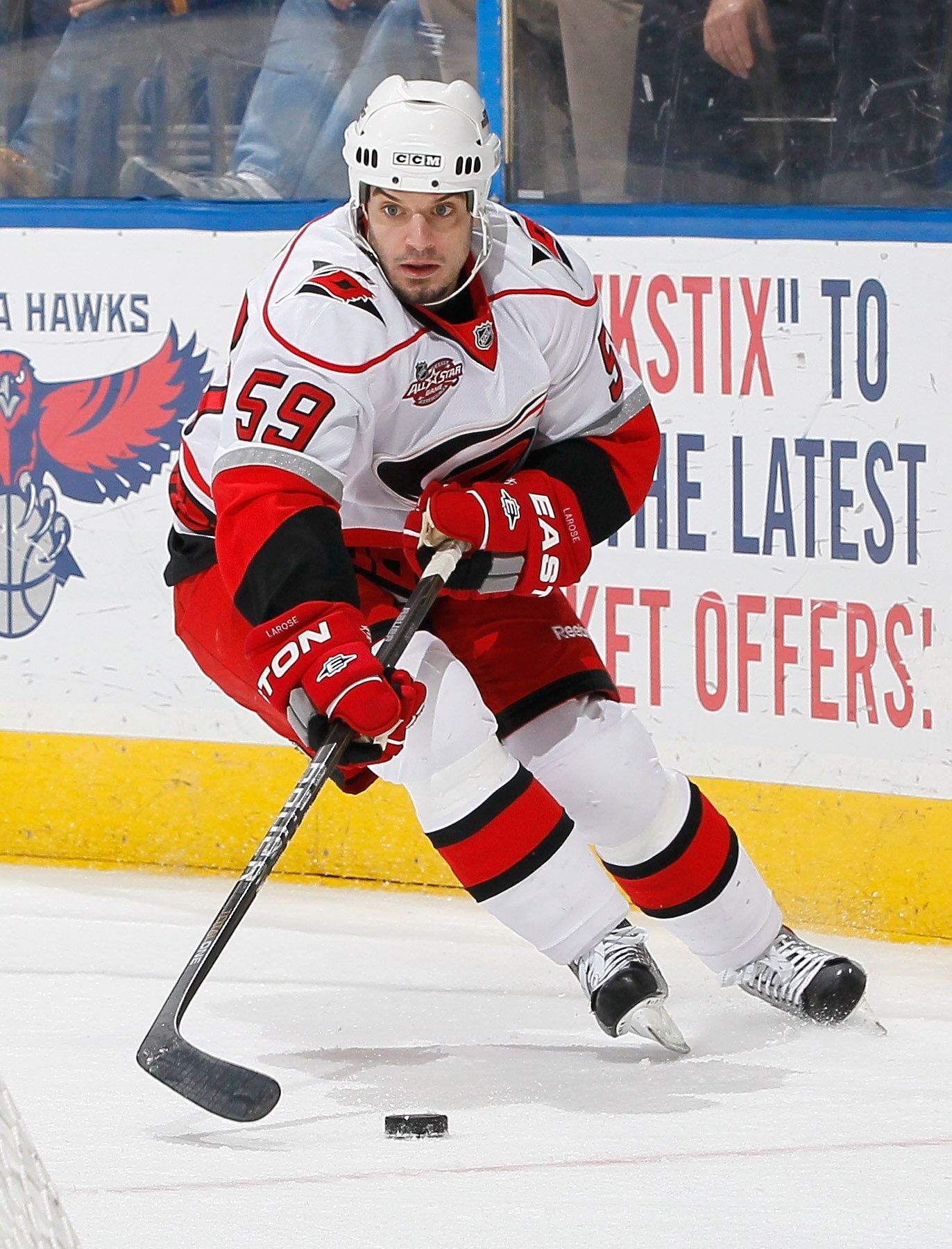 ATLANTA, GA - DECEMBER 16:  Chad LaRose #59 of the Carolina Hurricanes against the Atlanta Thrashers at Philips Arena on December 16, 2010 in Atlanta, Georgia.  (Photo by Kevin C. Cox/Getty Images)