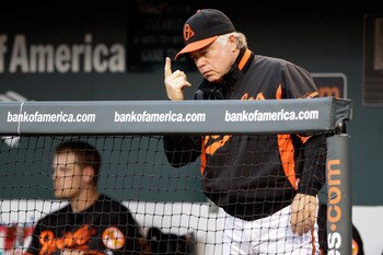 BALTIMORE, MD - JUNE 03: Manager Buck Showalter #26 of the Baltimore Orioles against the Toronto Blue Jays at Oriole Park at Camden Yards on June 3, 2011 in Baltimore, Maryland.  The Blue Jays won 8-4. (Photo by Rob Carr/Getty Images)
