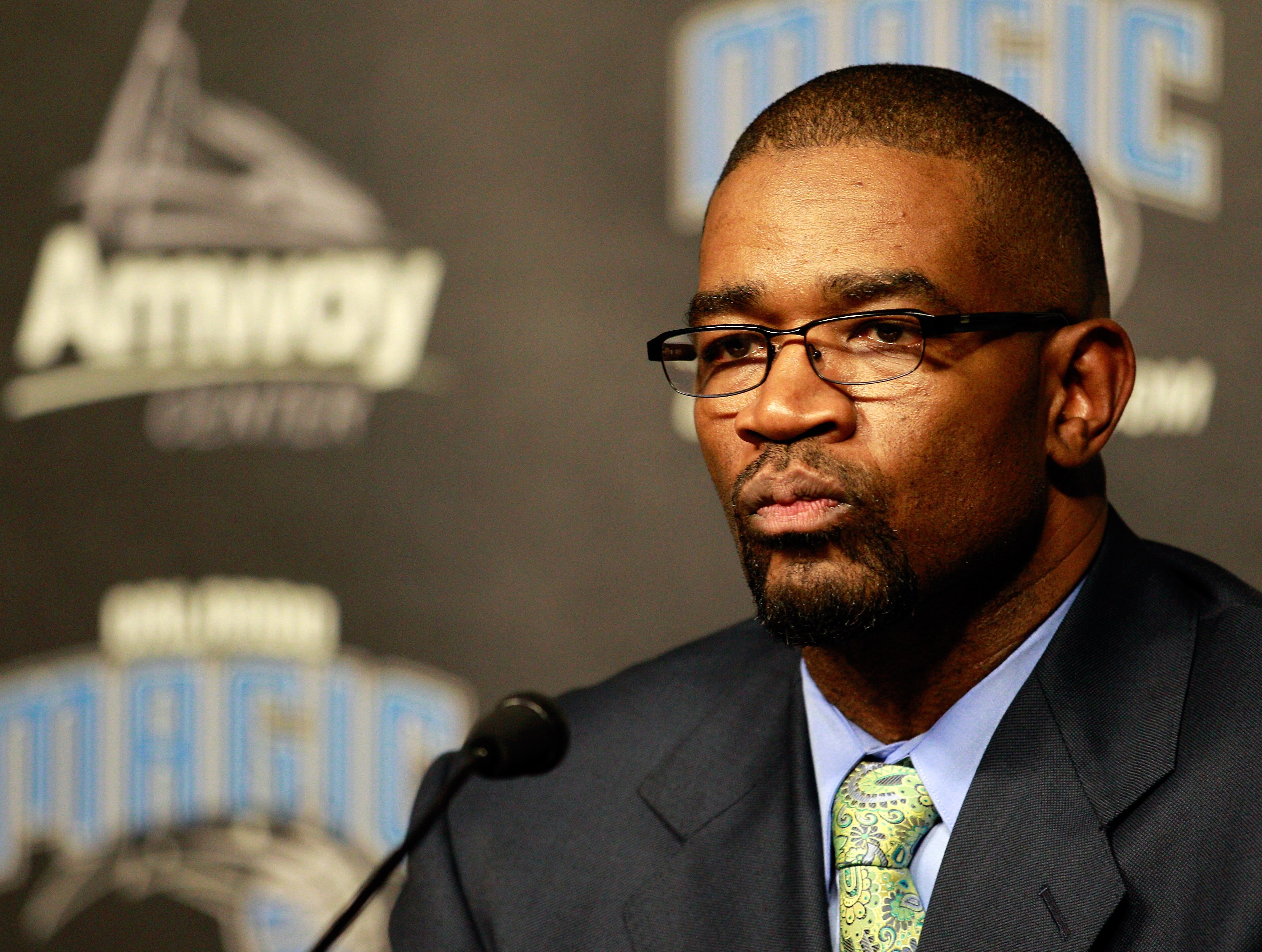 ORLANDO, FL - DECEMBER 18:  Orlando Magic General Manager Otis Smith speaks to the media regarding the aquisition of Gilbert Arenas from the Washington Wizards, Jason Richardson, Hedo Turkoglu, and Earl Clark from the Phoenix Suns at Amway Arena on Decemb