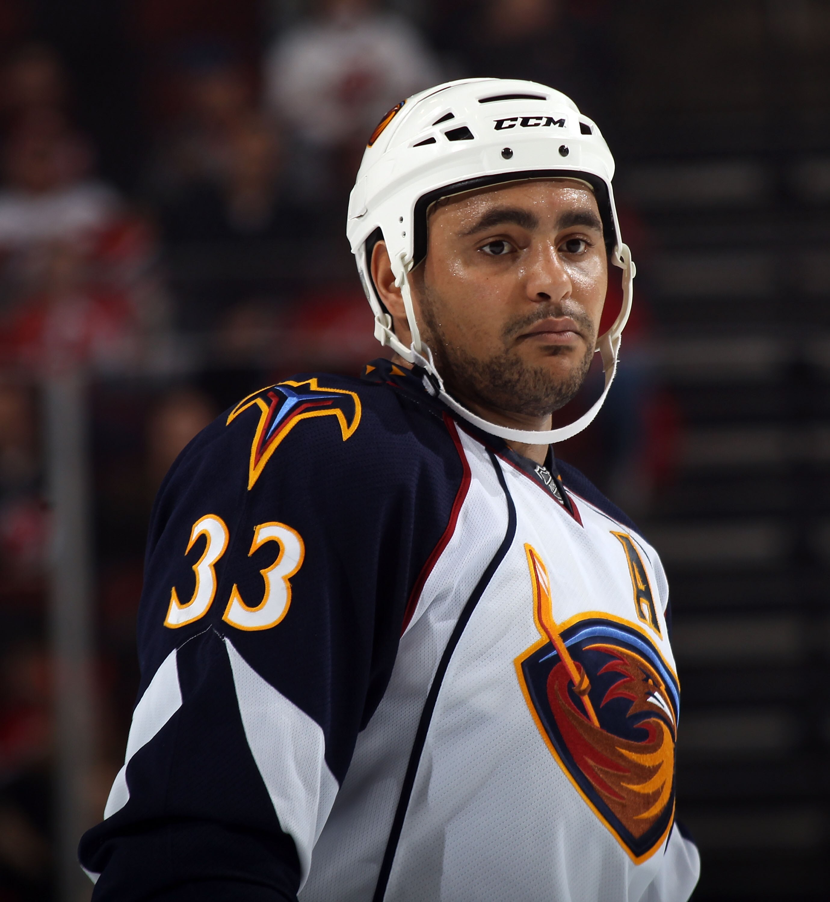 NEWARK, NJ - MARCH 15:  Dustin Byfuglien #33 of the Atlanta Thrashers skates against the New Jersey Devils at the Prudential Center on March 15, 2011 in Newark, New Jersey. The Devils defeated the Thrashers 4-2.  (Photo by Bruce Bennett/Getty Images)