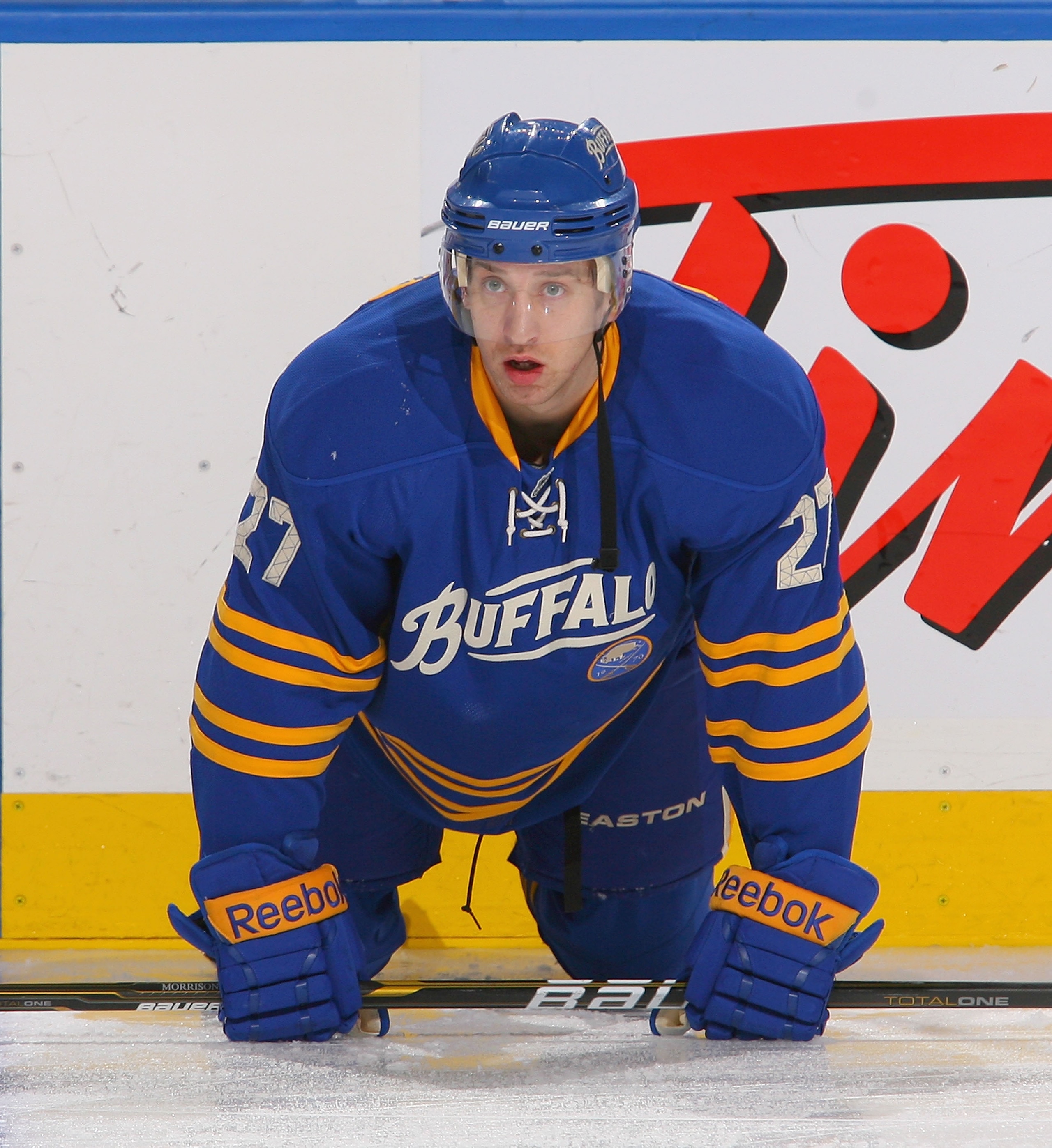 BUFFALO, NY - MARCH 15: Shaone Morrisonn #27 of the Buffalo Sabres warms up prior to play against the Carolina Hurricanes at HSBC Arena on March 15, 2011 in Buffalo, New York. Carolina won 1-0.  (Photo by Rick Stewart/Getty Images)
