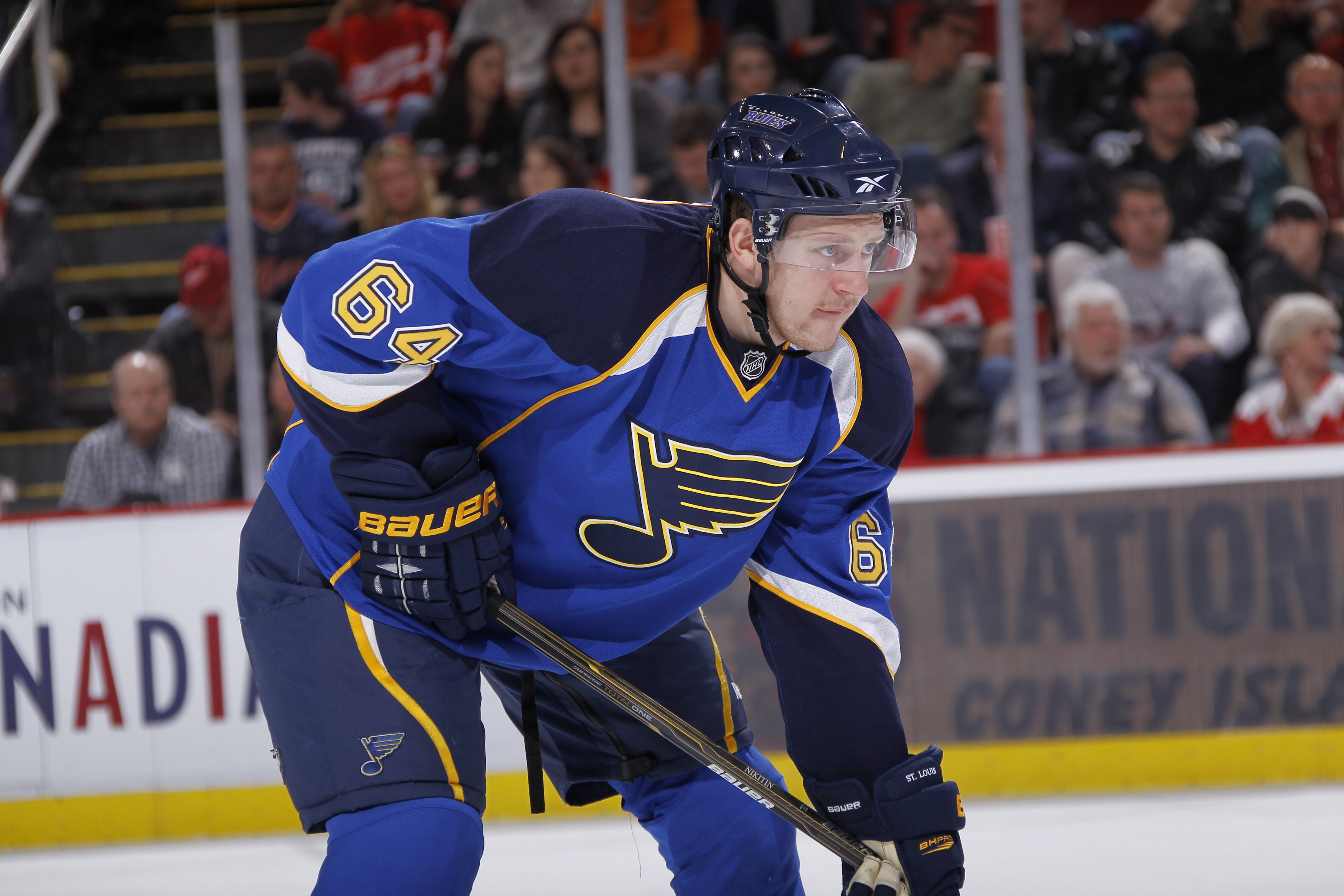 DETROIT, MI - MARCH 30:  Nikita Nikitin #64 of the St. Louis Blues looks on the Detroit Red Wings at Joe Louis Arena on March 30, 2011 in Detroit, Michigan.  (Photo by Gregory Shamus/Getty Images)