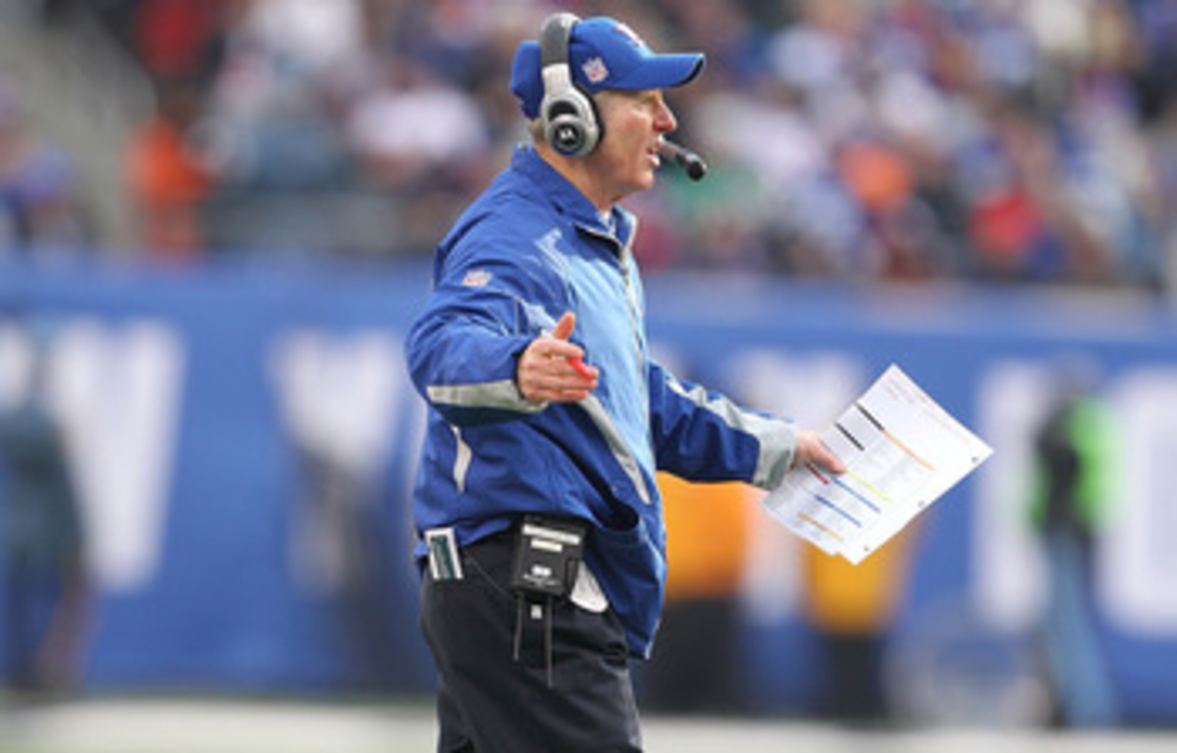 EAST RUTHERFORD, NJ - DECEMBER 19:  Head Coach Tom Coughlin of the New York Giants reacts against the Philadelphia Eagles during their game on December 19, 2010 at The New Meadowlands Stadium in East Rutherford, New Jersey.  (Photo by Al Bello/Getty Image