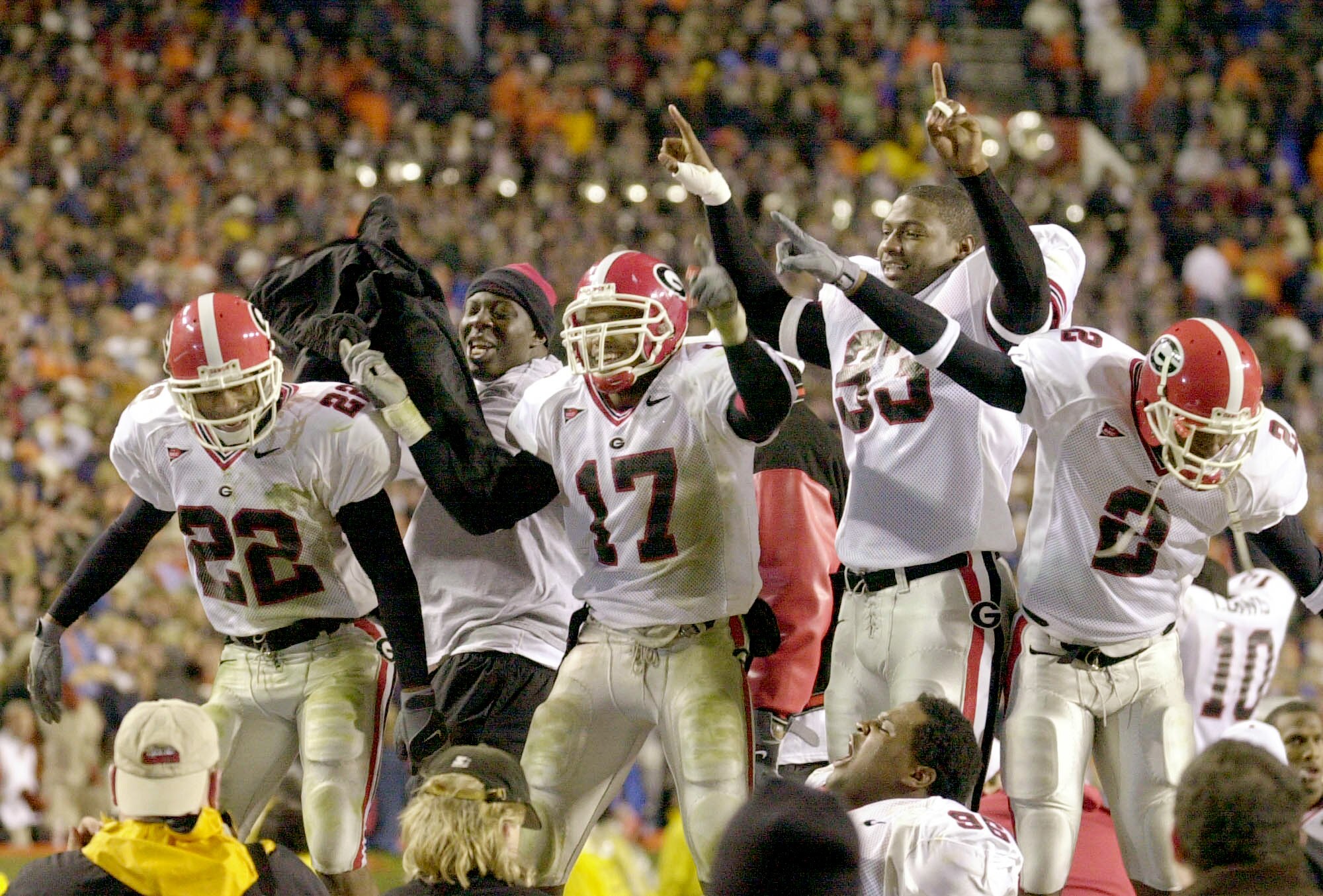 AUBURN, AL - NOVEMBER 16: Georgia football players celebrate their 24-21 victory over Auburn on November 16, 2002, at Jordan-Hare Stadium in Auburn, Ala . The victory allow Georgia to capture the SEC Eastern Division championship. (Photo by Erik S. Lesser
