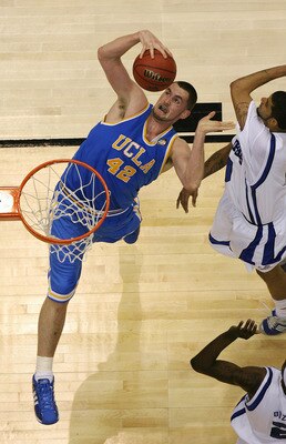 SAN ANTONIO - APRIL 05:  Kevin Love #42 of the UCLA Bruins pulls in a rebound against the Memphis Tigers during the National Semifinal game of the NCAA Men's Final Four at the Alamodome on April 5, 2008 in San Antonio, Texas.  (Photo by Streeter Lecka/Get