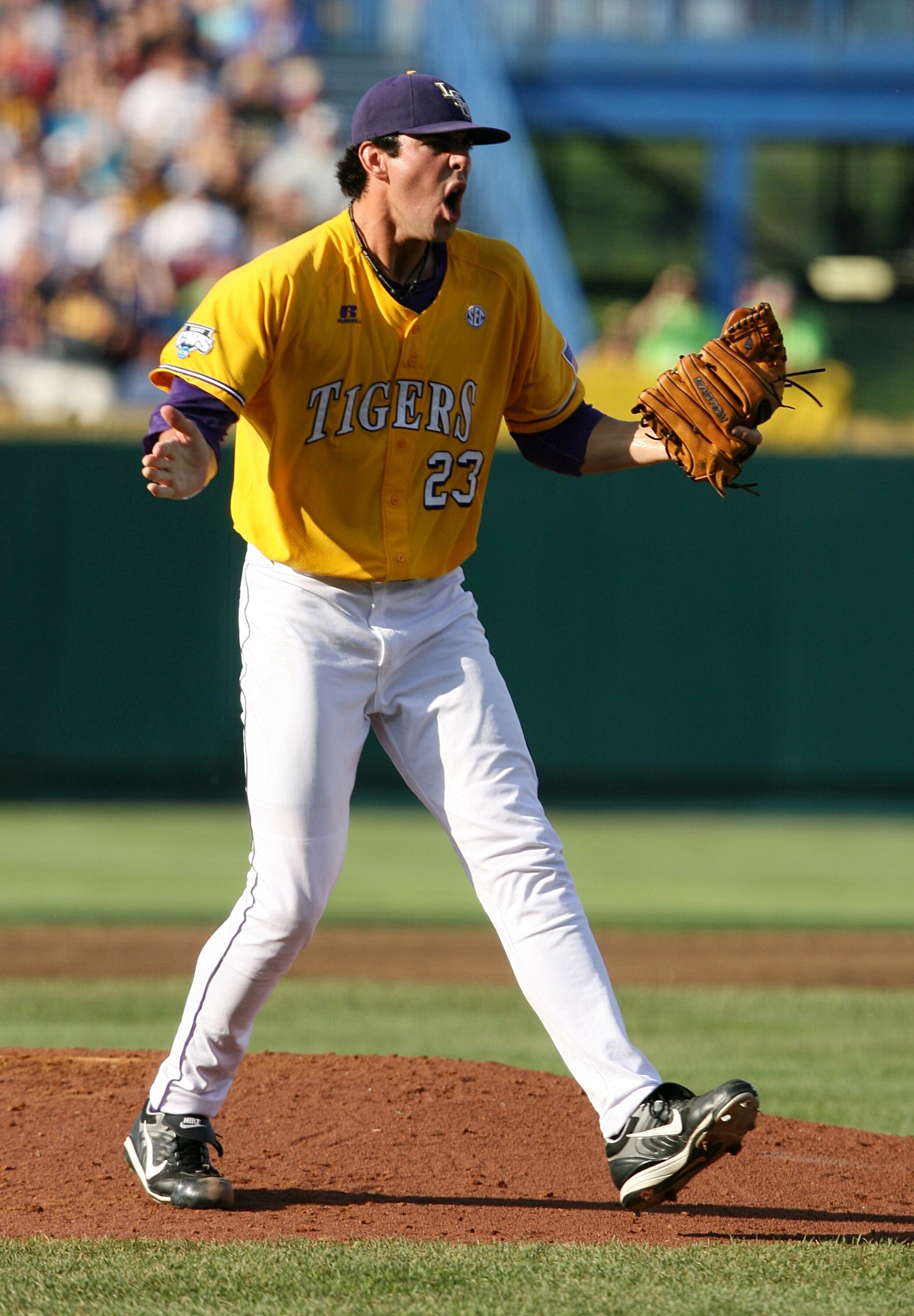 OMAHA, NE - JUNE 24:  Pitcher Anthony Ranaudo #23 of the Louisiana State University Tigers reacts after striking out Kevin Keyes #29 of the Texas Longhorns with the bases loaded in the first inning during Game 3 of the 2009 NCAA College World Series at Ro