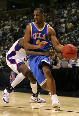 SAN JOSE, CA - MARCH 24:  Arron Afflalo #4 of the UCLA Bruins drives the ball against the Kansas Jayhawks during the west regional final of the NCAA Men's Basketball Tournament at the HP Pavilion on March 24, 2007 in San Jose, California. The Bruins defea