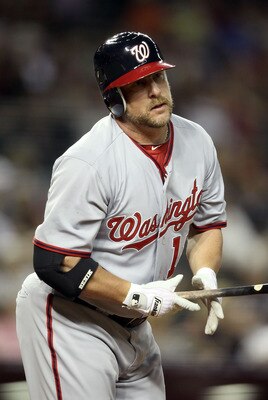 PHOENIX, AZ - JUNE 03:  Matt Stairs #12 of the Washington Nationals reacts after hitting a pop fly out against the Arizona Diamondbacks during the Major League Baseball game at Chase Field on June 3, 2011 in Phoenix, Arizona.  The Diamondbacks defeated th