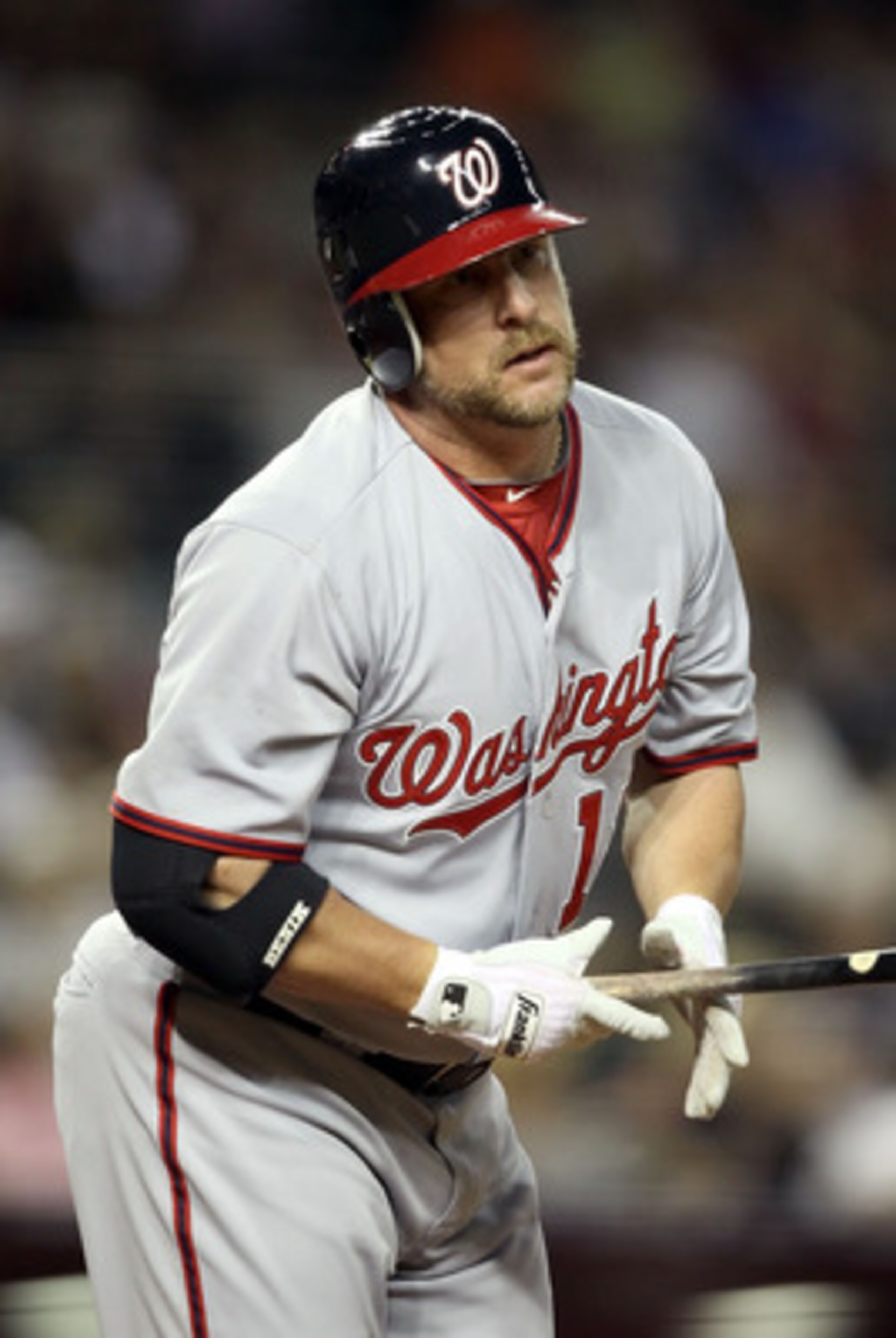 PHOENIX, AZ - JUNE 03:  Matt Stairs #12 of the Washington Nationals reacts after hitting a pop fly out against the Arizona Diamondbacks during the Major League Baseball game at Chase Field on June 3, 2011 in Phoenix, Arizona.  The Diamondbacks defeated th