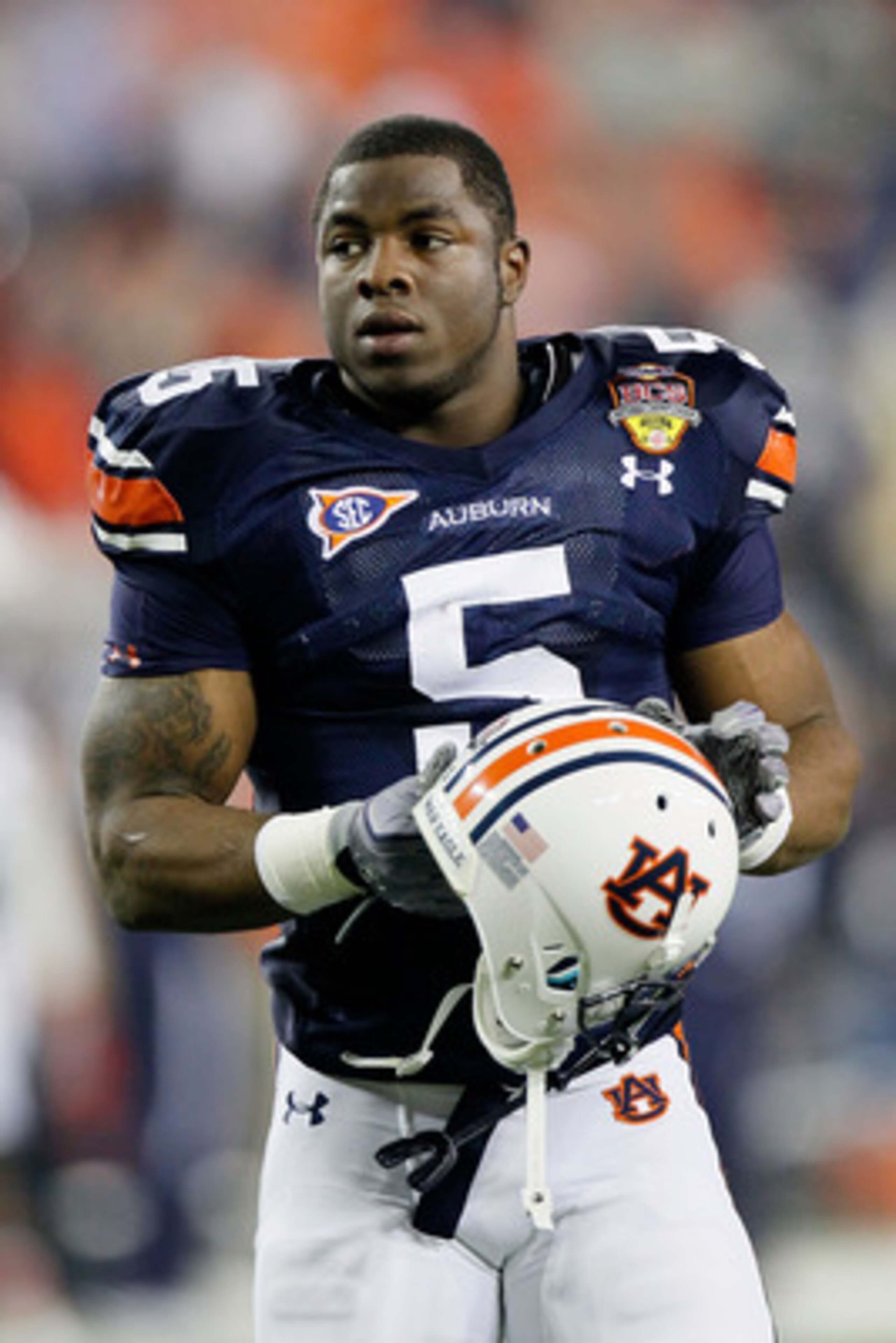 GLENDALE, AZ - JANUARY 10:  Michael Dyer #5 of the Auburn Tigers looks on against the Oregon Ducks during the Tostitos BCS National Championship Game at University of Phoenix Stadium on January 10, 2011 in Glendale, Arizona.  (Photo by Kevin C. Cox/Getty