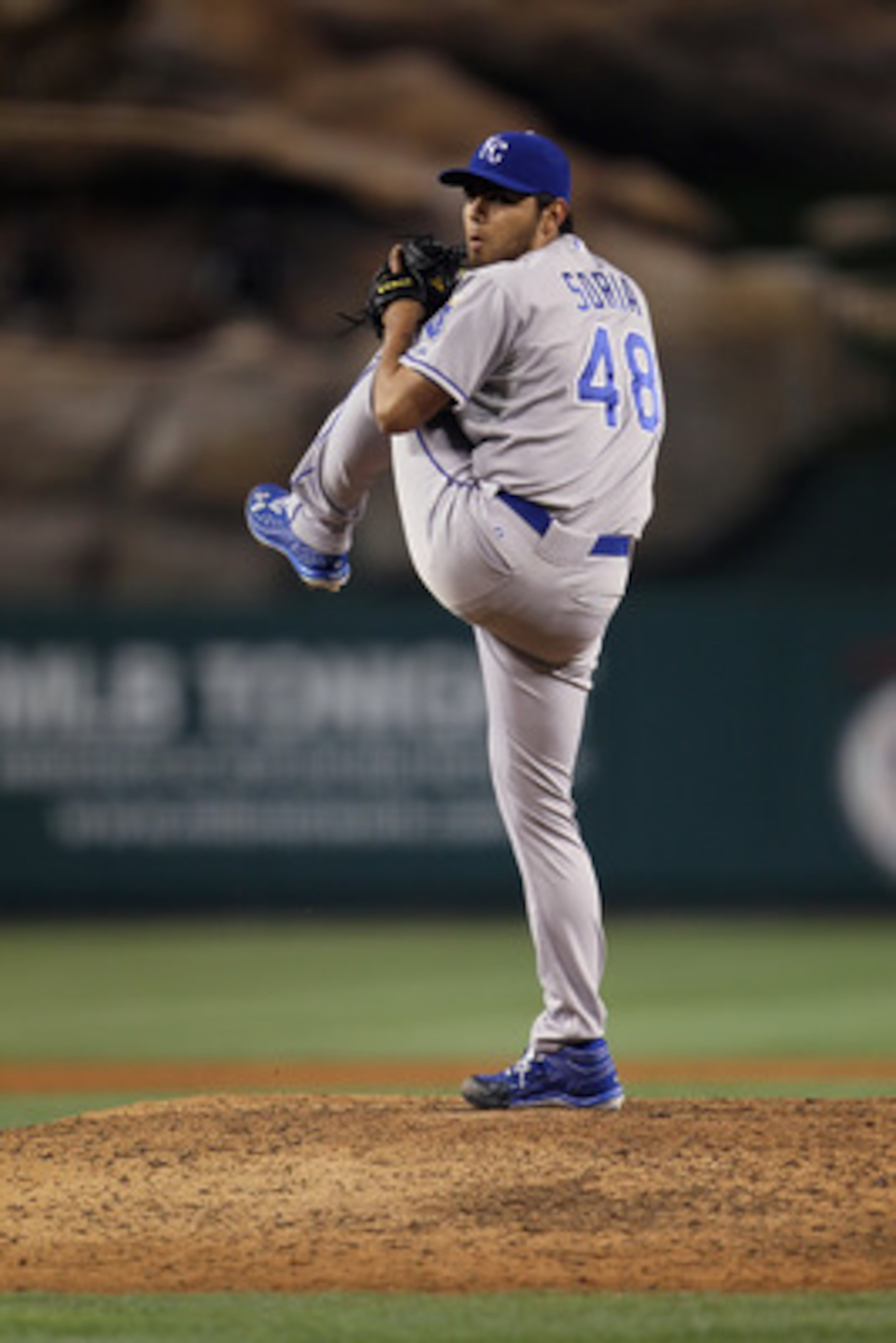 ANAHEIM, CA - JUNE 10:  Joakim Soria #48 of the Kansas City Royals pitches against the Los Angeles Angels of Anaheim at Angel Stadium of Anaheim on June 10, 2011 in Anaheim, California.  (Photo by Jeff Gross/Getty Images)