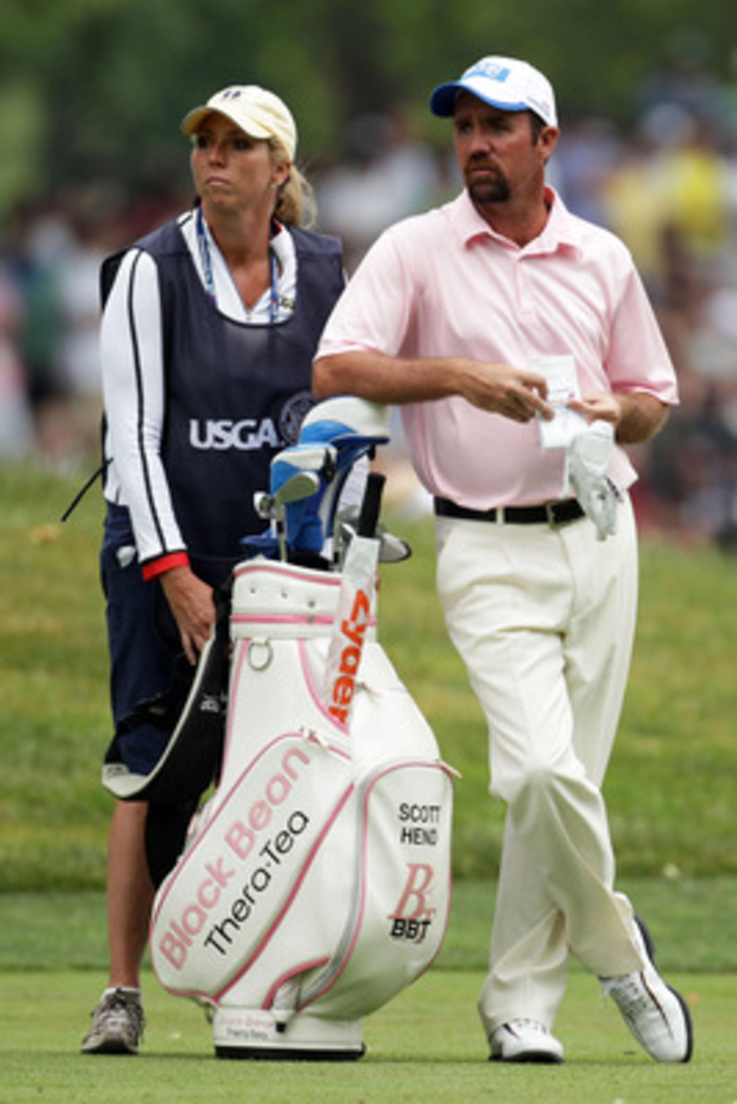 BETHESDA, MD - JUNE 16:  Scott Hend of Australia waits with his caddie Judith Coleman during the first round of the 111th U.S. Open at Congressional Country Club on June 16, 2011 in Bethesda, Maryland.  (Photo by Ross Kinnaird/Getty Images)