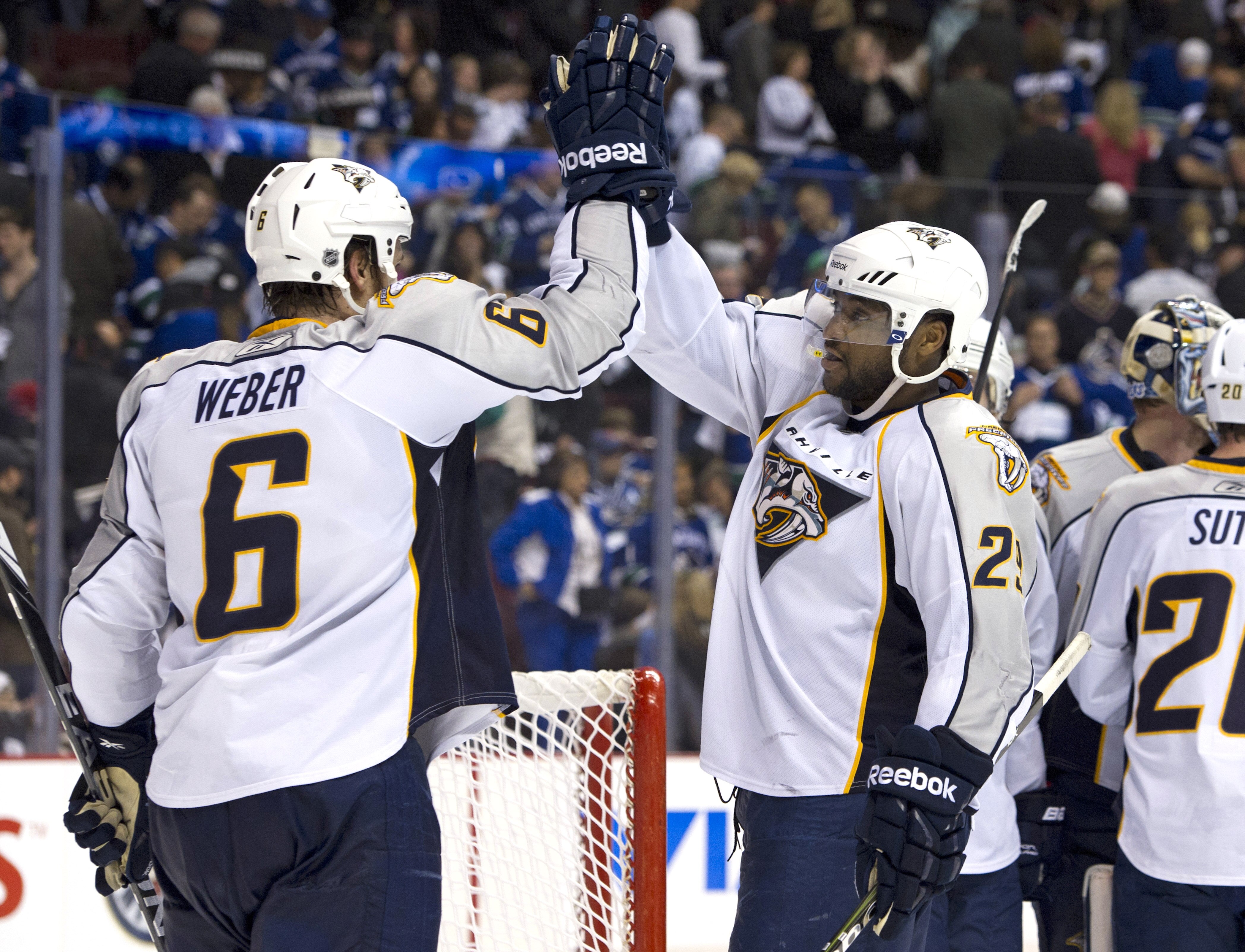 VANCOUVER, CANADA - MAY 7: Shea Weber #6 and Joel Ward #29 of the Nashville Predators celebrate after defeating the Vancouver Canucks in Game Five of the Western Conference Semifinals during the 2011 NHL Stanley Cup Playoffs on May 07, 2011 at Rogers Aren
