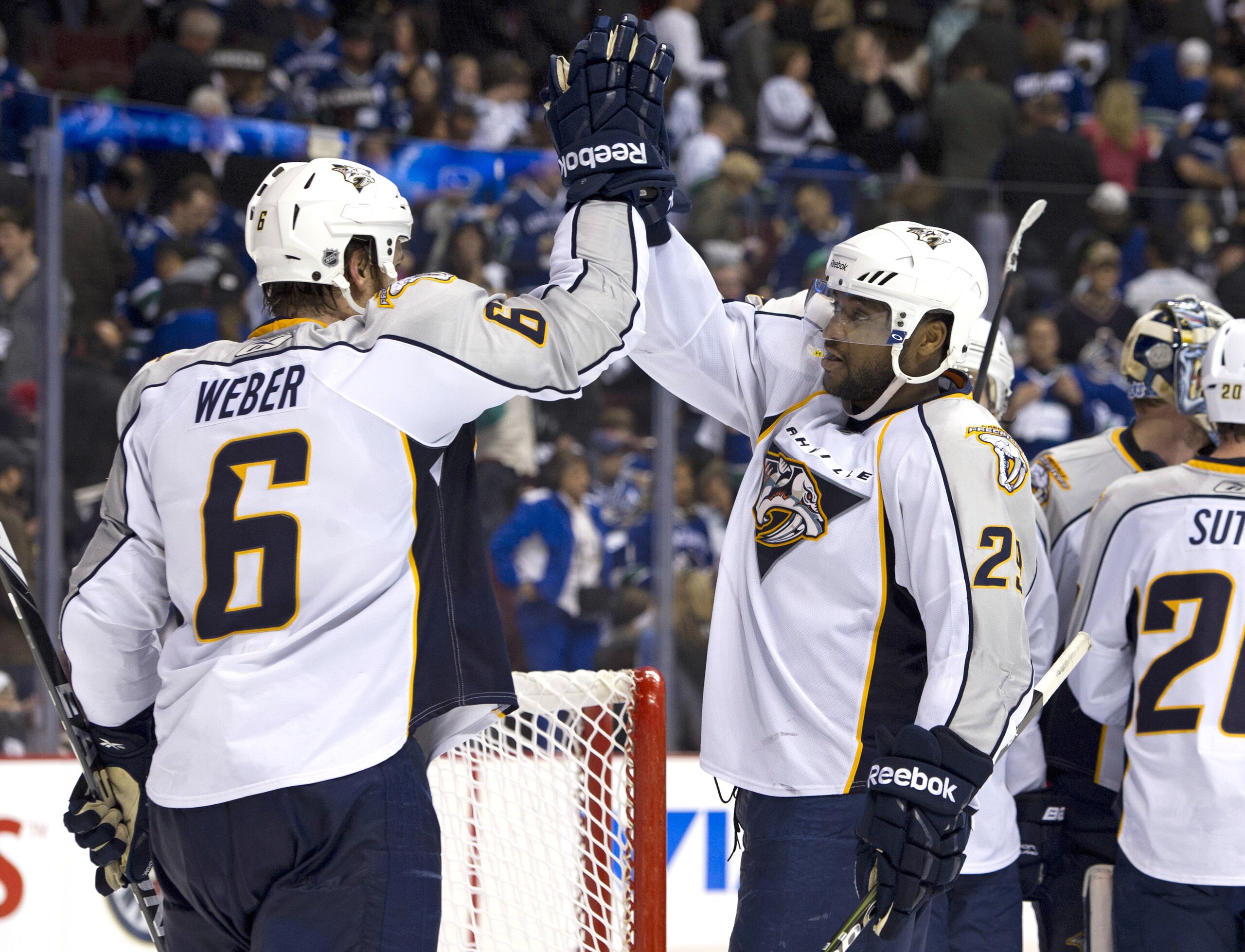 VANCOUVER, CANADA - MAY 7: Shea Weber #6 and Joel Ward #29 of the Nashville Predators celebrate after defeating the Vancouver Canucks in Game Five of the Western Conference Semifinals during the 2011 NHL Stanley Cup Playoffs on May 07, 2011 at Rogers Aren