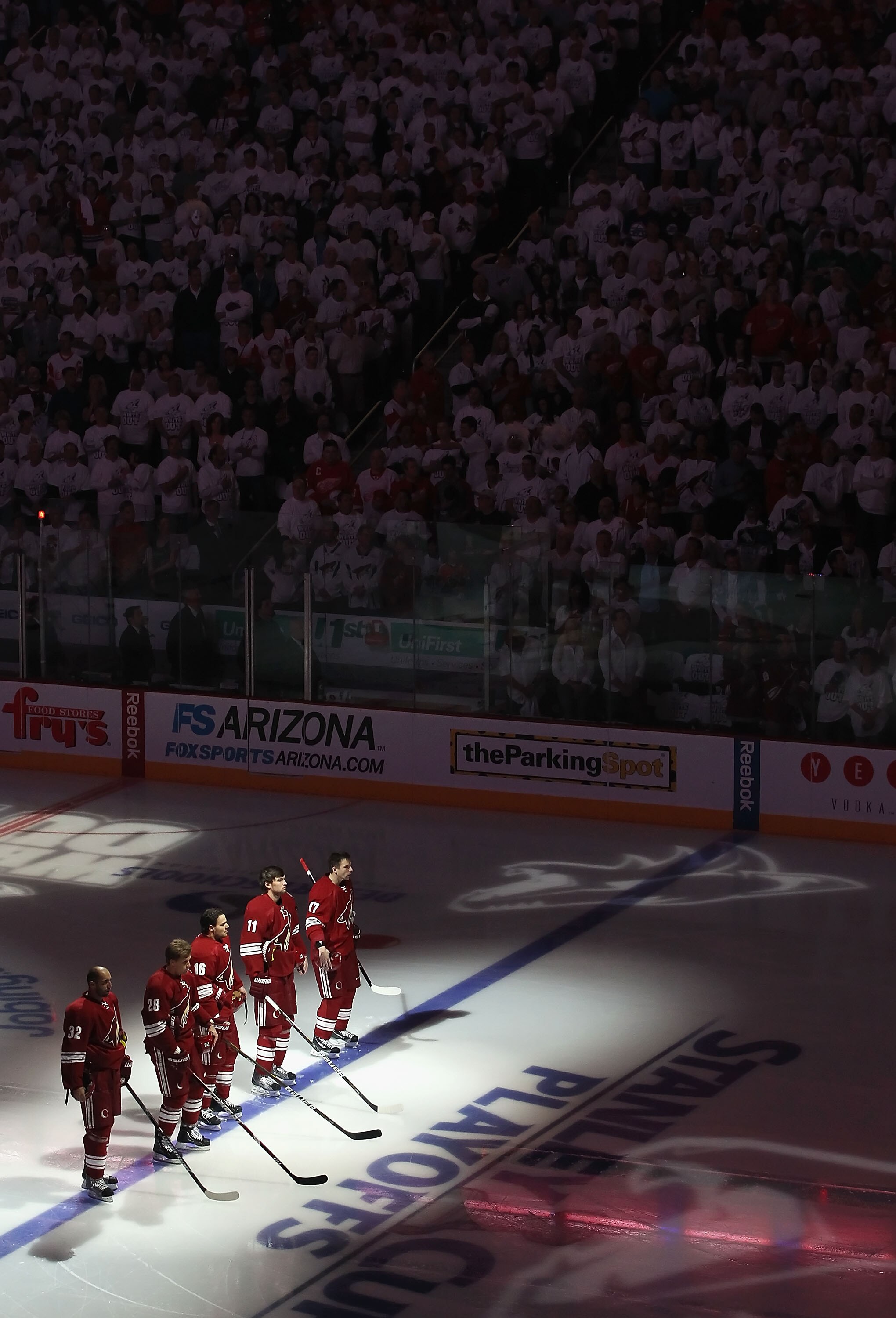 GLENDALE, AZ - APRIL 18:  (L-R) Michal Rozsival #32, Lauri Korpikoski #28, Rostislav Klesla #16, Martin Hanzal #11 and Radim Vrbata #17 of the Phoenix Coyotes stand attended for the National Anthem before Game Three of the Western Conference Quarterfinals