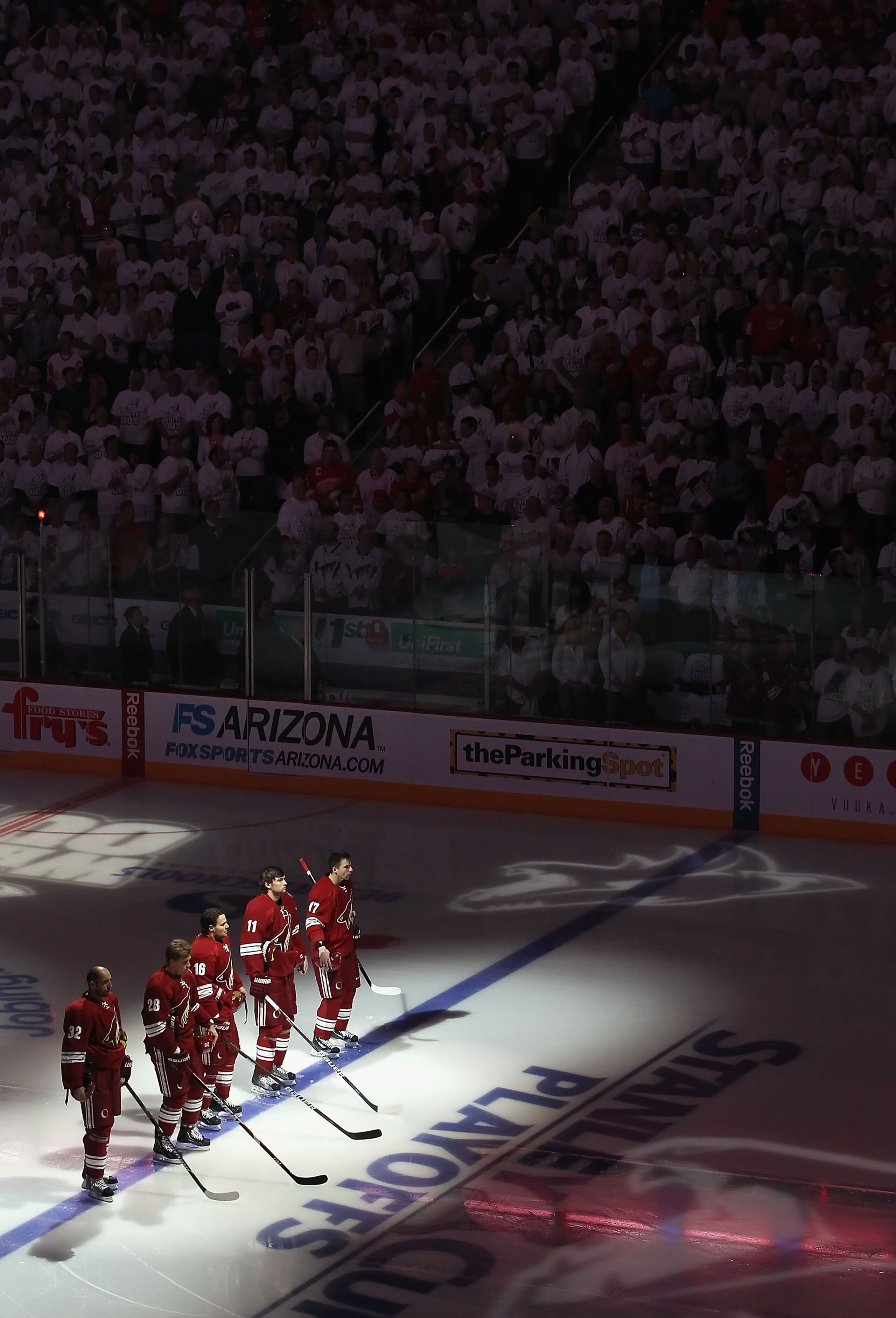 GLENDALE, AZ - APRIL 18:  (L-R) Michal Rozsival #32, Lauri Korpikoski #28, Rostislav Klesla #16, Martin Hanzal #11 and Radim Vrbata #17 of the Phoenix Coyotes stand attended for the National Anthem before Game Three of the Western Conference Quarterfinals