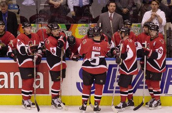 18 Apr 2001:  A despondent Ottawa Senators team take a rest in the last minutes of their game against the Toronto Maple Leafs in Game 4 of the Eastern Conference quarter-finals at the Air Canada Center in Toronto, Canada. The Leafs won the game 3-1 and th