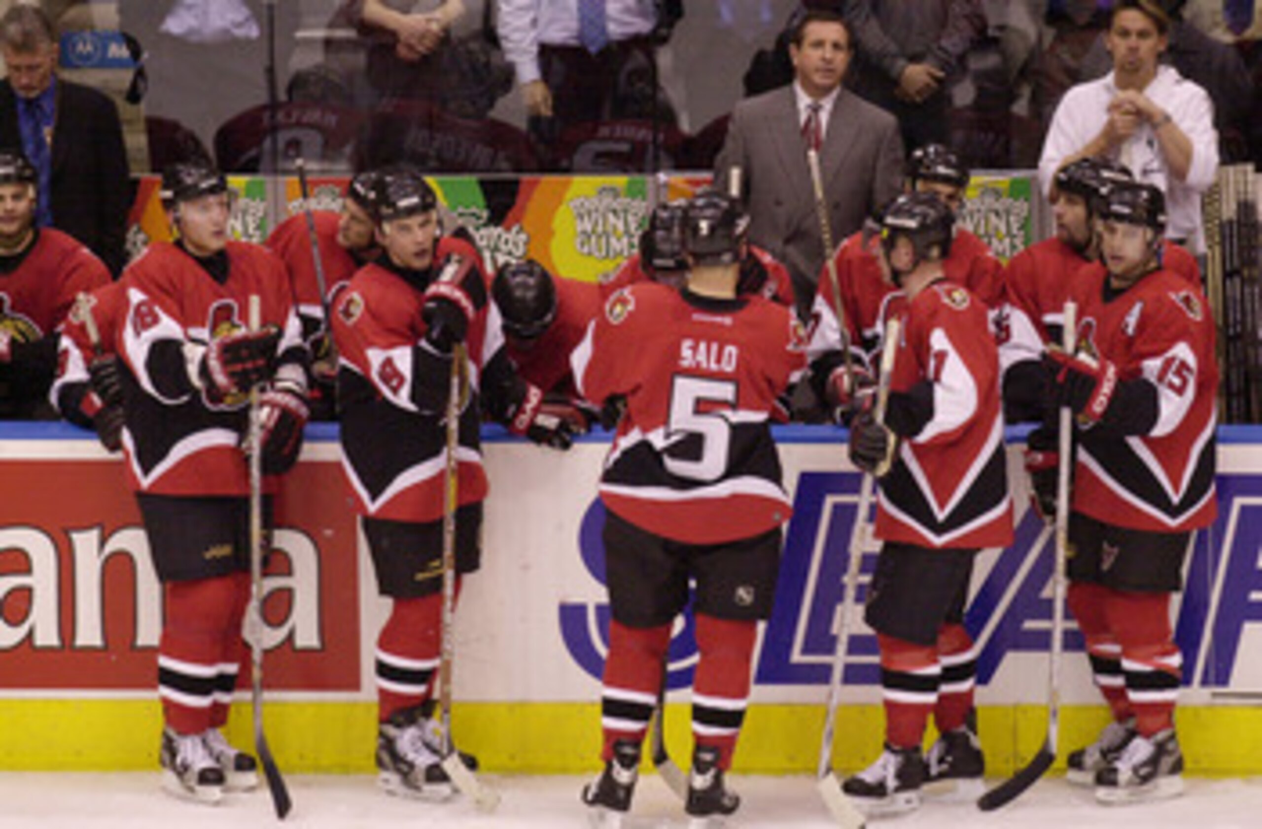 18 Apr 2001:  A despondent Ottawa Senators team take a rest in the last minutes of their game against the Toronto Maple Leafs in Game 4 of the Eastern Conference quarter-finals at the Air Canada Center in Toronto, Canada. The Leafs won the game 3-1 and th