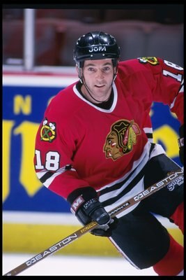 4 Feb 1996:  Center Denis Savard of the Chicago Blackhawks skates down the ice during a game against Anaheim Mighty Ducks at Arrowhead Pond in Anaheim, California.  The Blackhawks won the game 4-1.. Mandatory Credit: Glenn Cratty  /Allsport