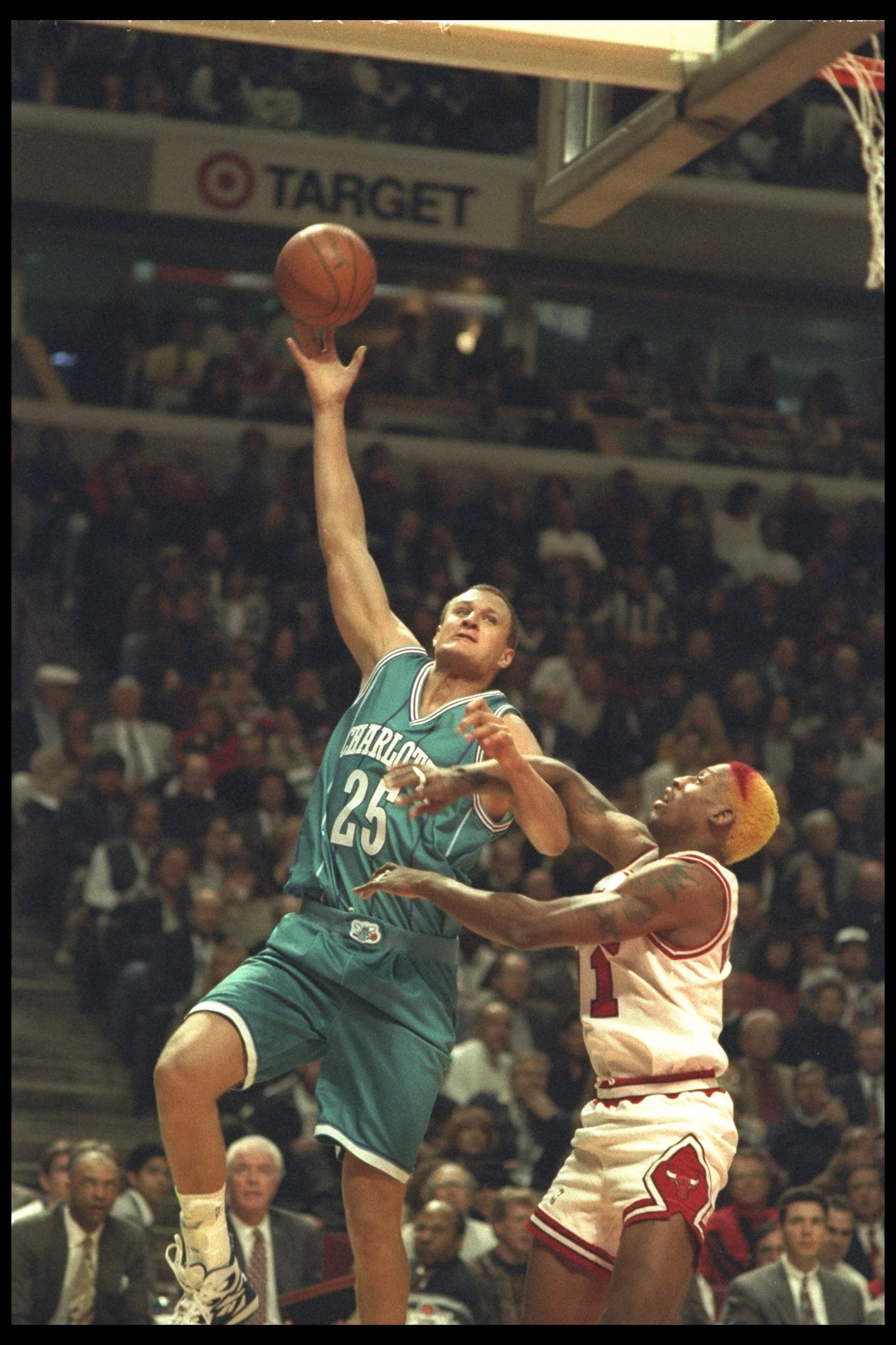 3 Nov 1995:  Center George Zidek of the Charlotte Hornets (left) goes up for two during a game against the Chicago Bulls at the United Center in Chicago, Illinois.  The Bulls won the game, 105-91. Mandatory Credit: Jonathan Daniel  /Allsport